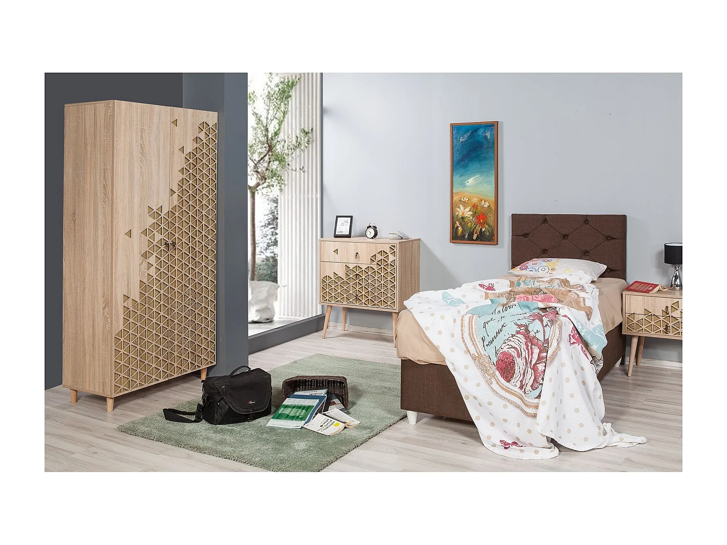 Armoire penderie 2 portes Infigo 90cm Bois Naturel Motif Triangles Beige