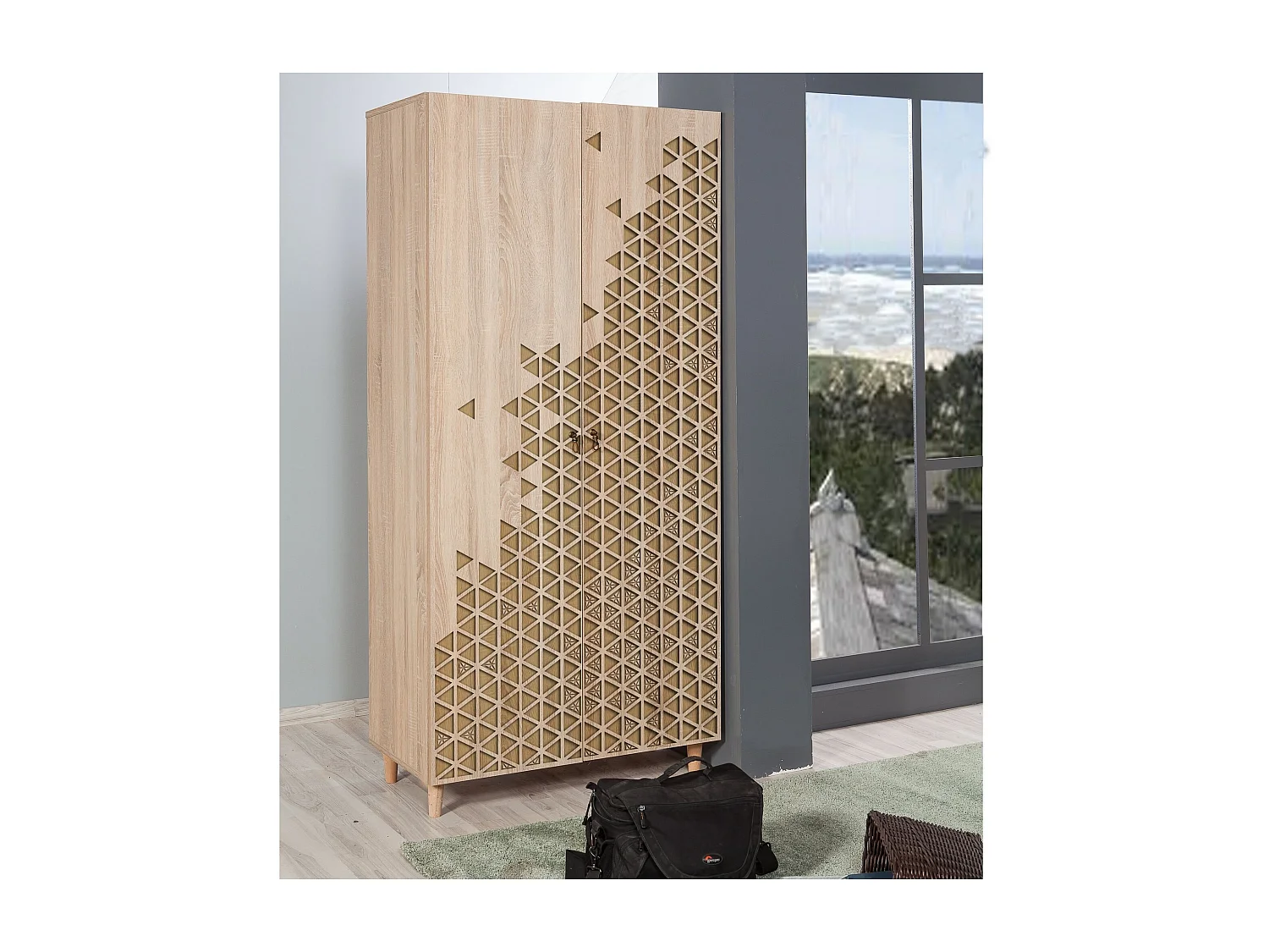 Armoire penderie 2 portes Infigo 90cm Bois Naturel Motif Triangles Beige