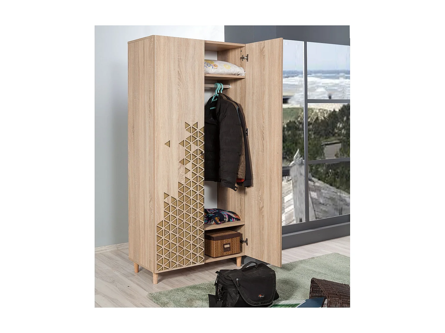 Armoire penderie 2 portes Infigo 90cm Bois Naturel Motif Triangles Beige