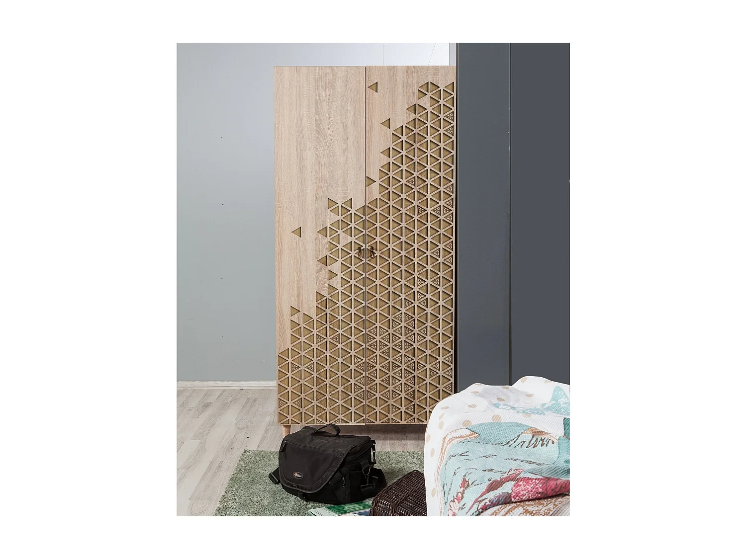 Armoire penderie 2 portes Infigo 90cm Bois Naturel Motif Triangles Beige