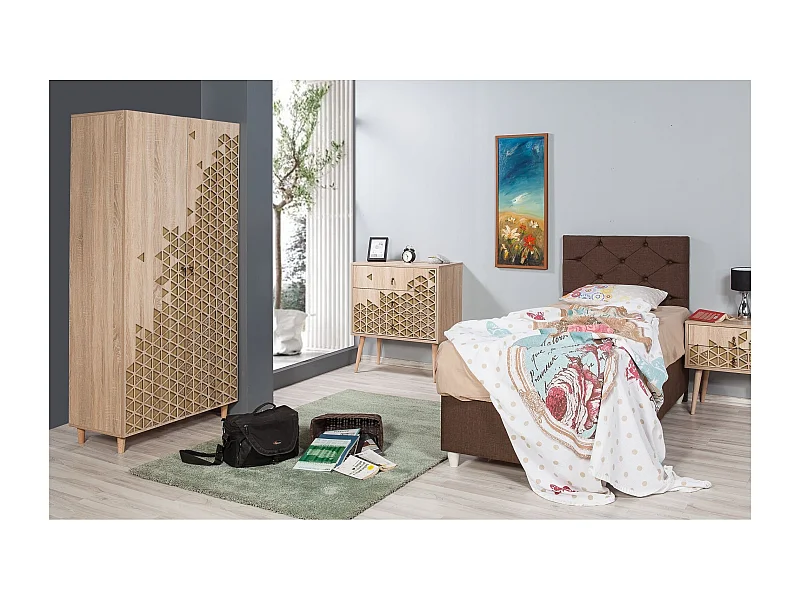 Armoire penderie 2 portes Infigo 90cm Bois Naturel Motif Triangles Beige