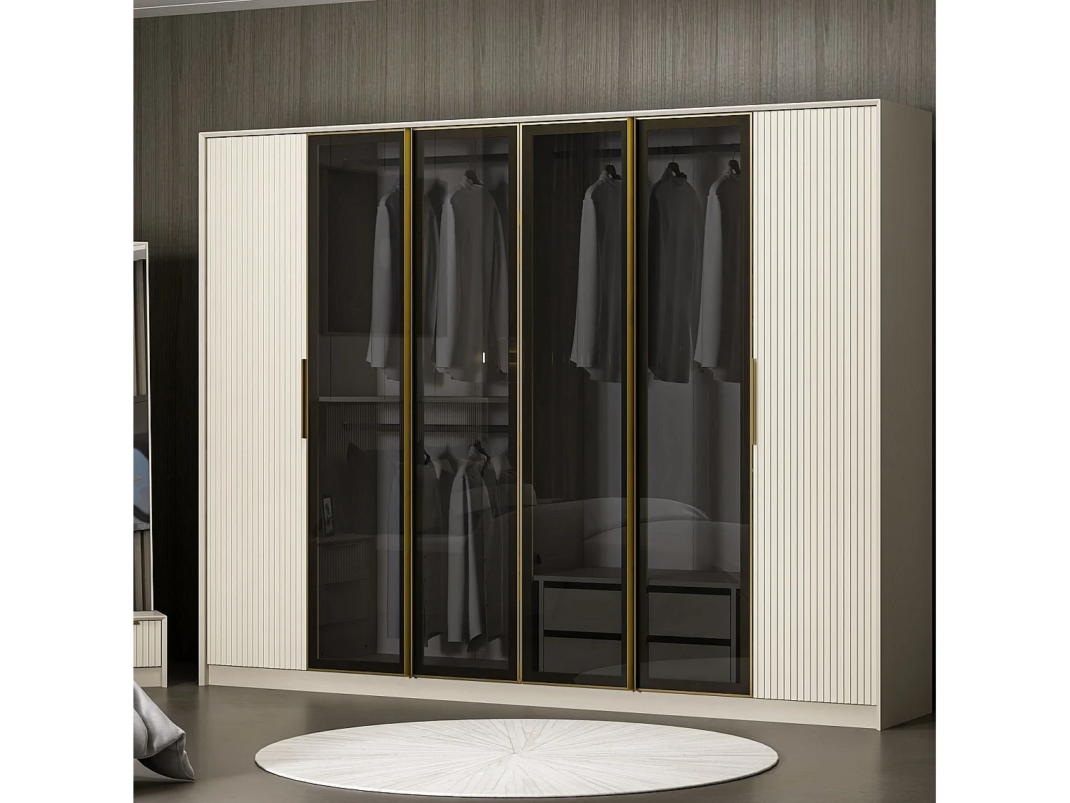Armoire 2 portes et 4 portes vitrées Eurybie L274xH210cm Blanc crème avec finition doré