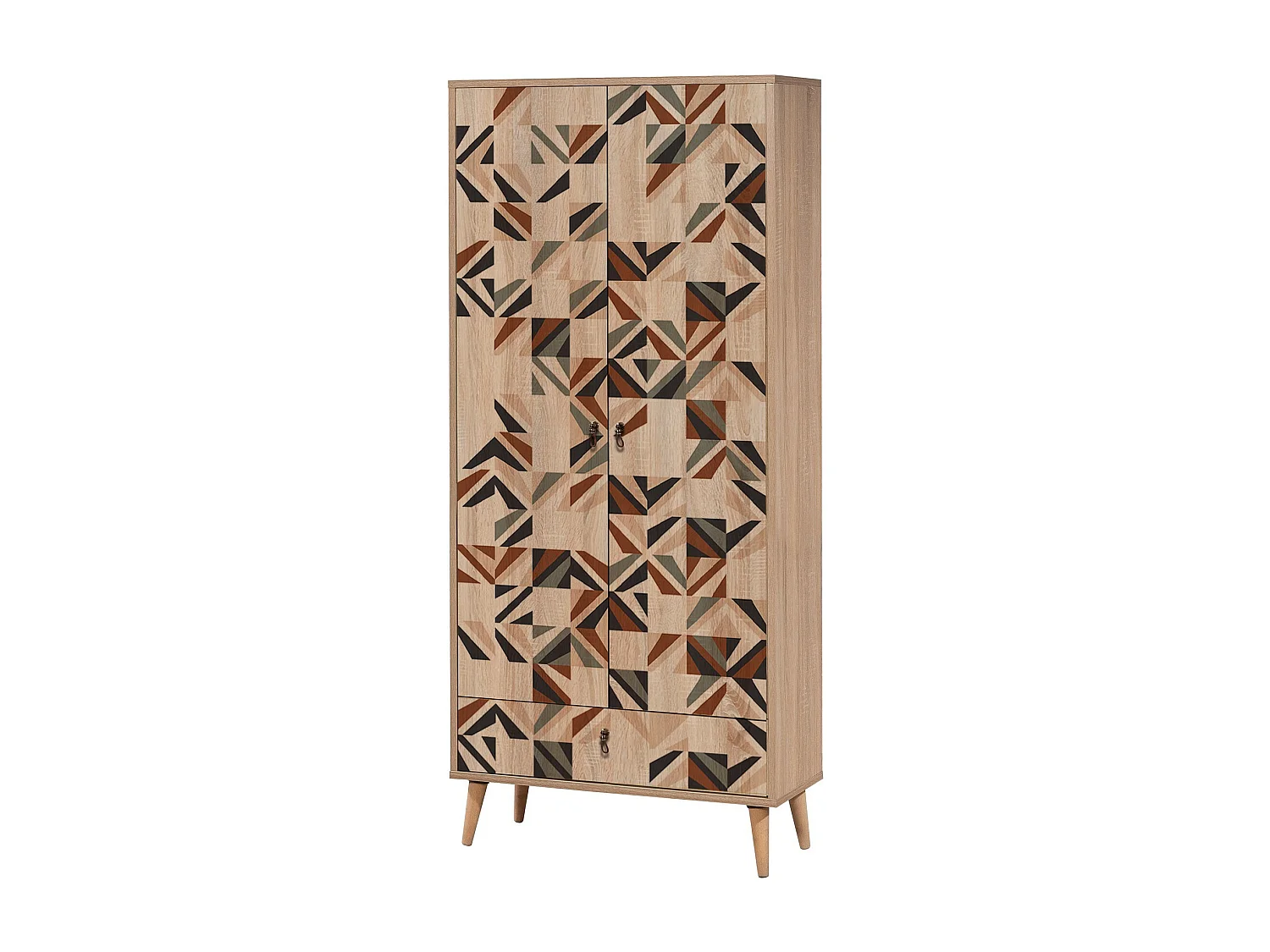 Armoire 2 portes et 1 tiroir Pertha L80cm Bois Motif Géométrique et carreaux Noir, Vert et Rouge