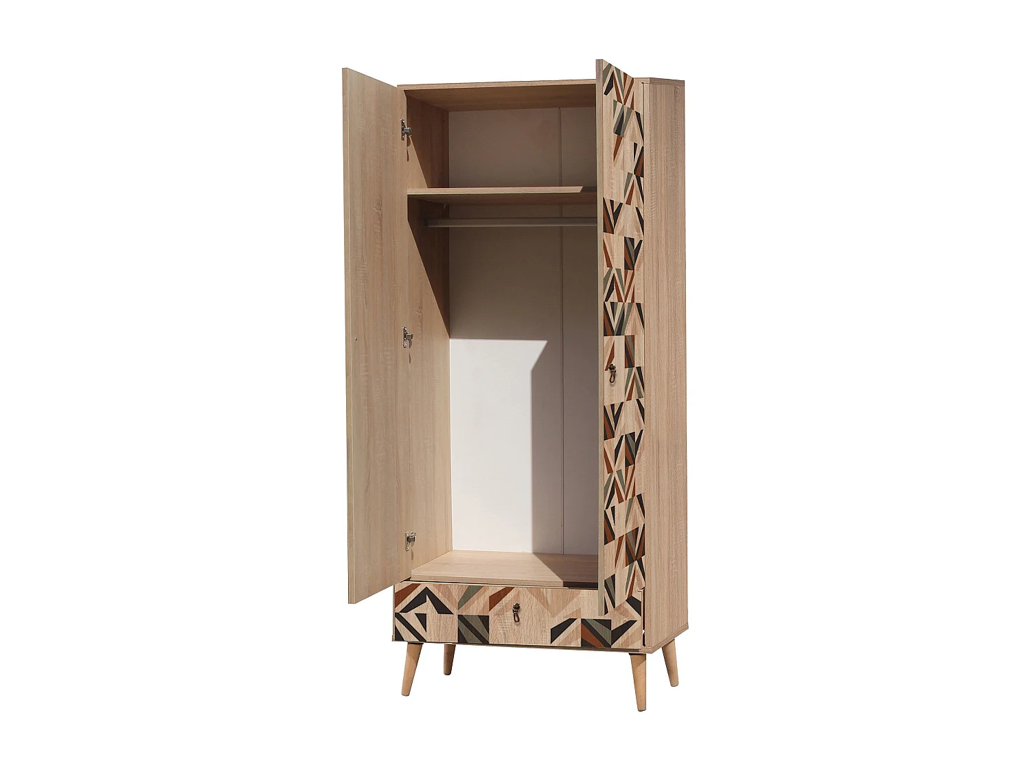 Armoire 2 portes et 1 tiroir Pertha L80cm Bois Motif Géométrique et carreaux Noir, Vert et Rouge