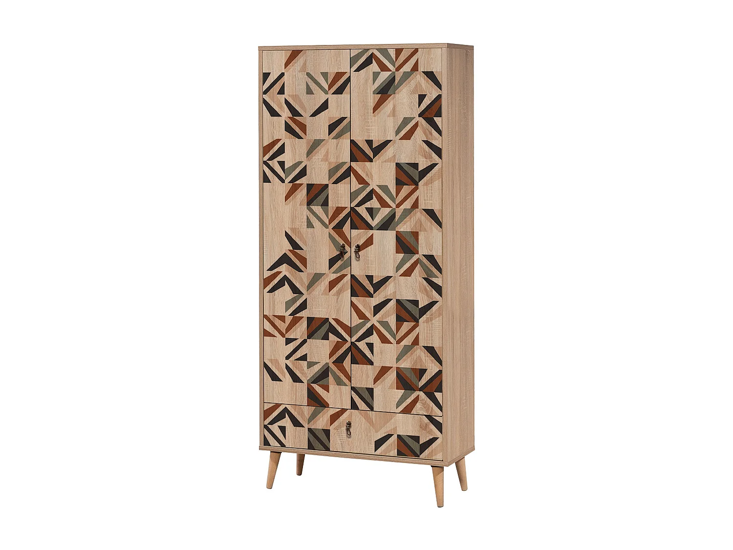 Armoire 2 portes et 1 tiroir Pertha L80cm Bois Motif Géométrique et carreaux Noir, Vert et Rouge