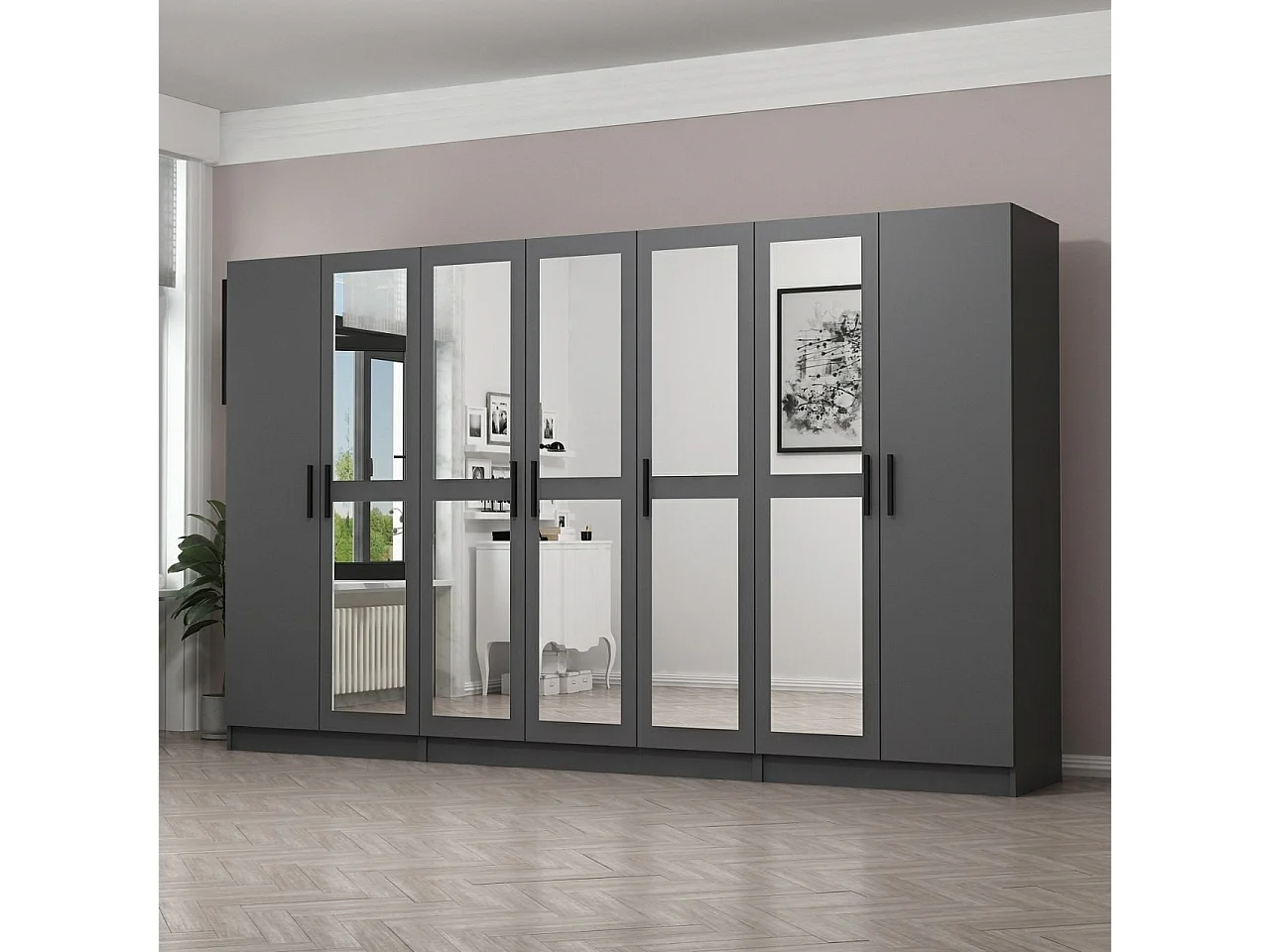 Armoires 7 portes et 10 miroirs Sanur L315xH190cm Anthracite