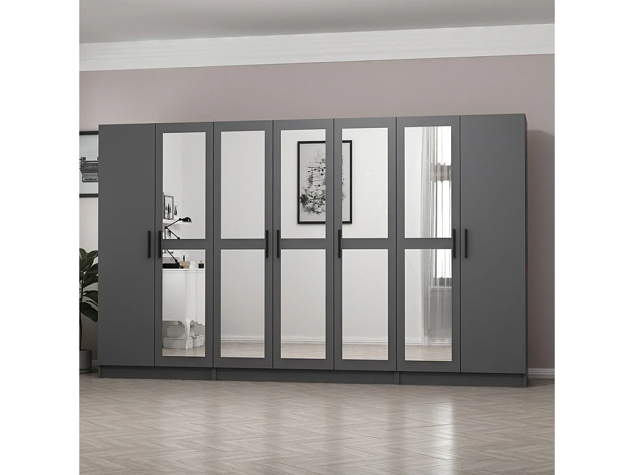 Armoires 7 portes et 10 miroirs Sanur L315xH190cm Anthracite