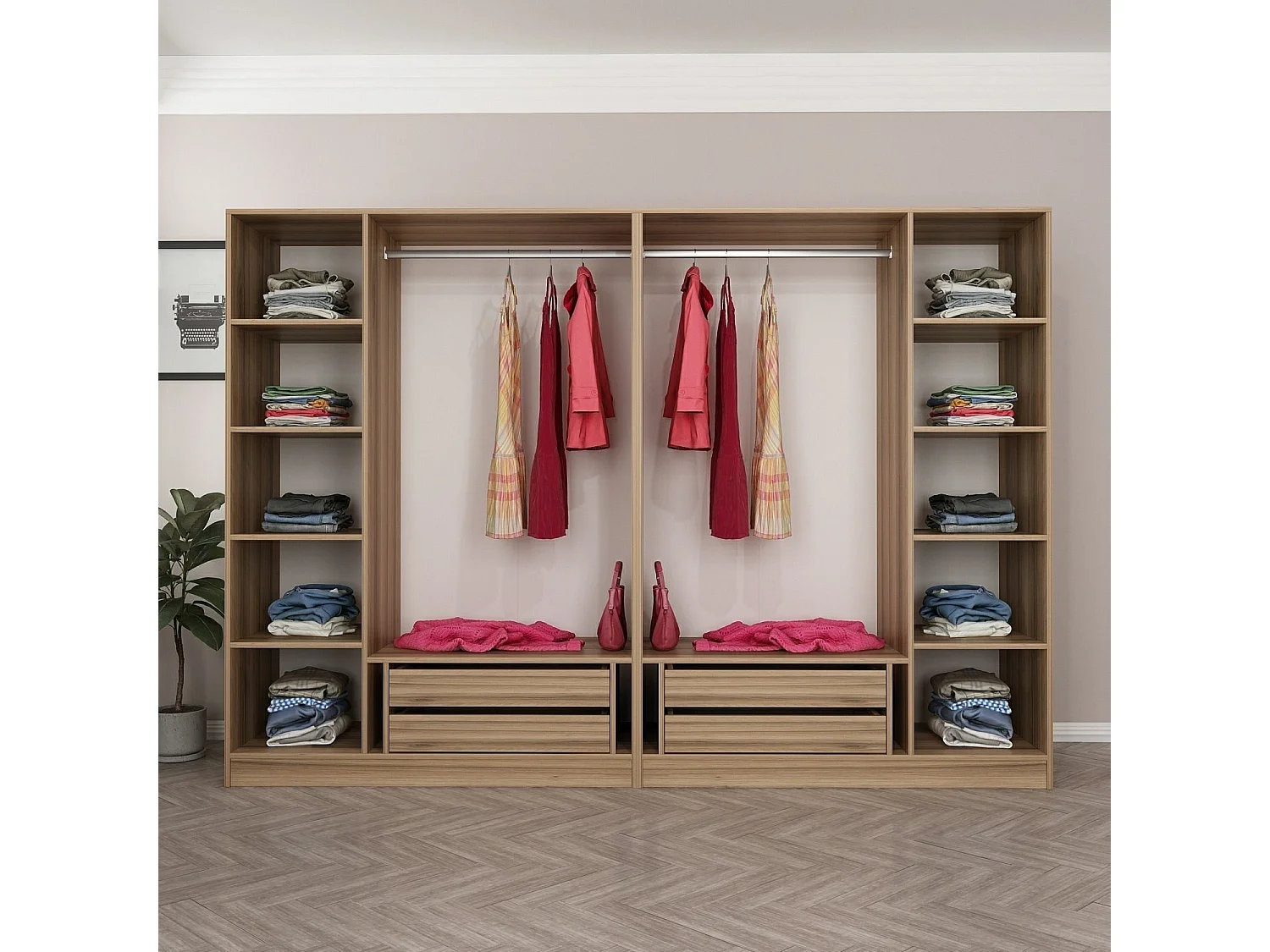 Armoire ouverte Antipax L270xH210cm 2 tringles et 4 tiroirs Bois clair