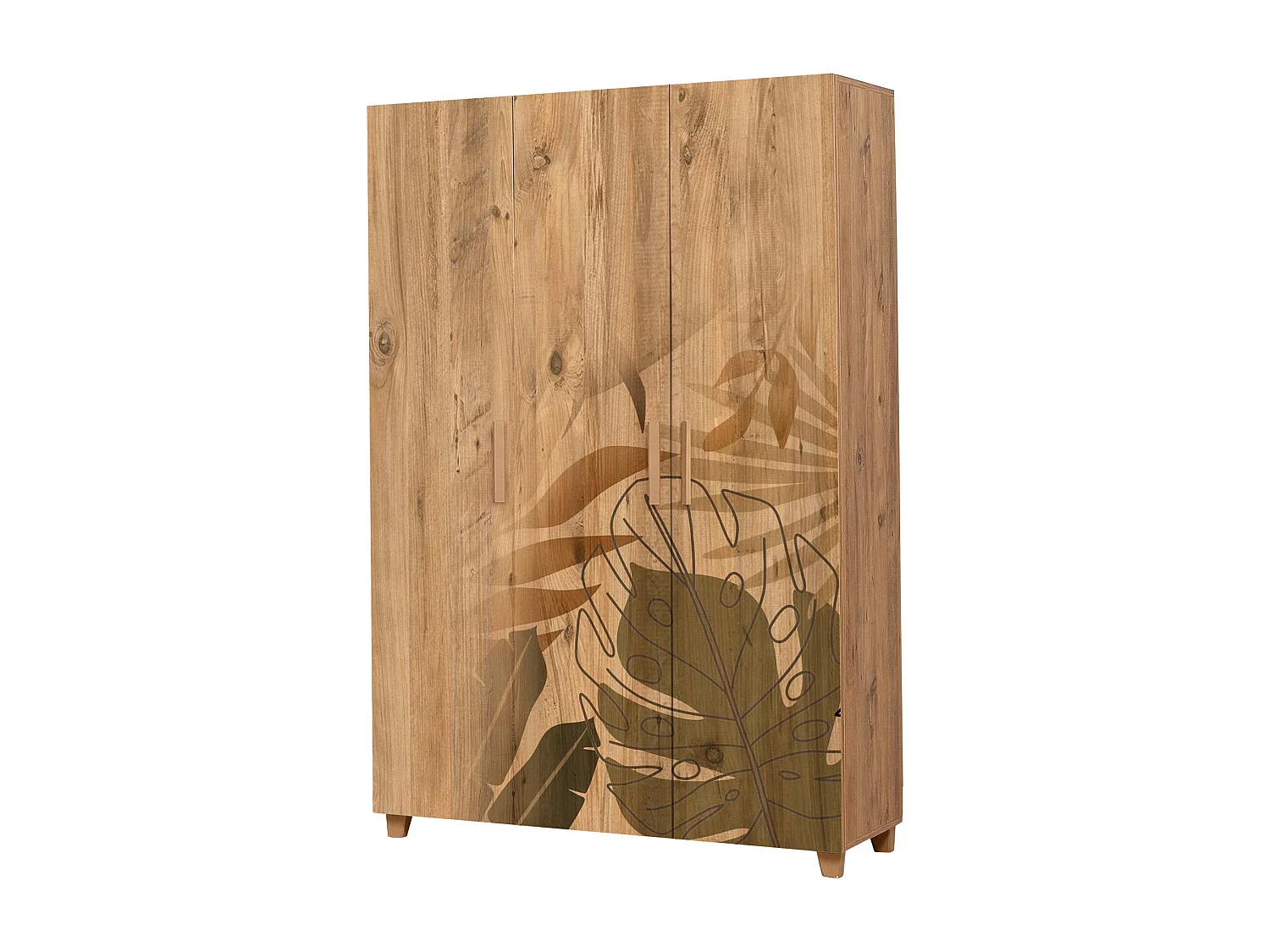 Armoire 3 portes Perth L120cm Bois clair Motif Feuilles tropicaux Marron et Gris