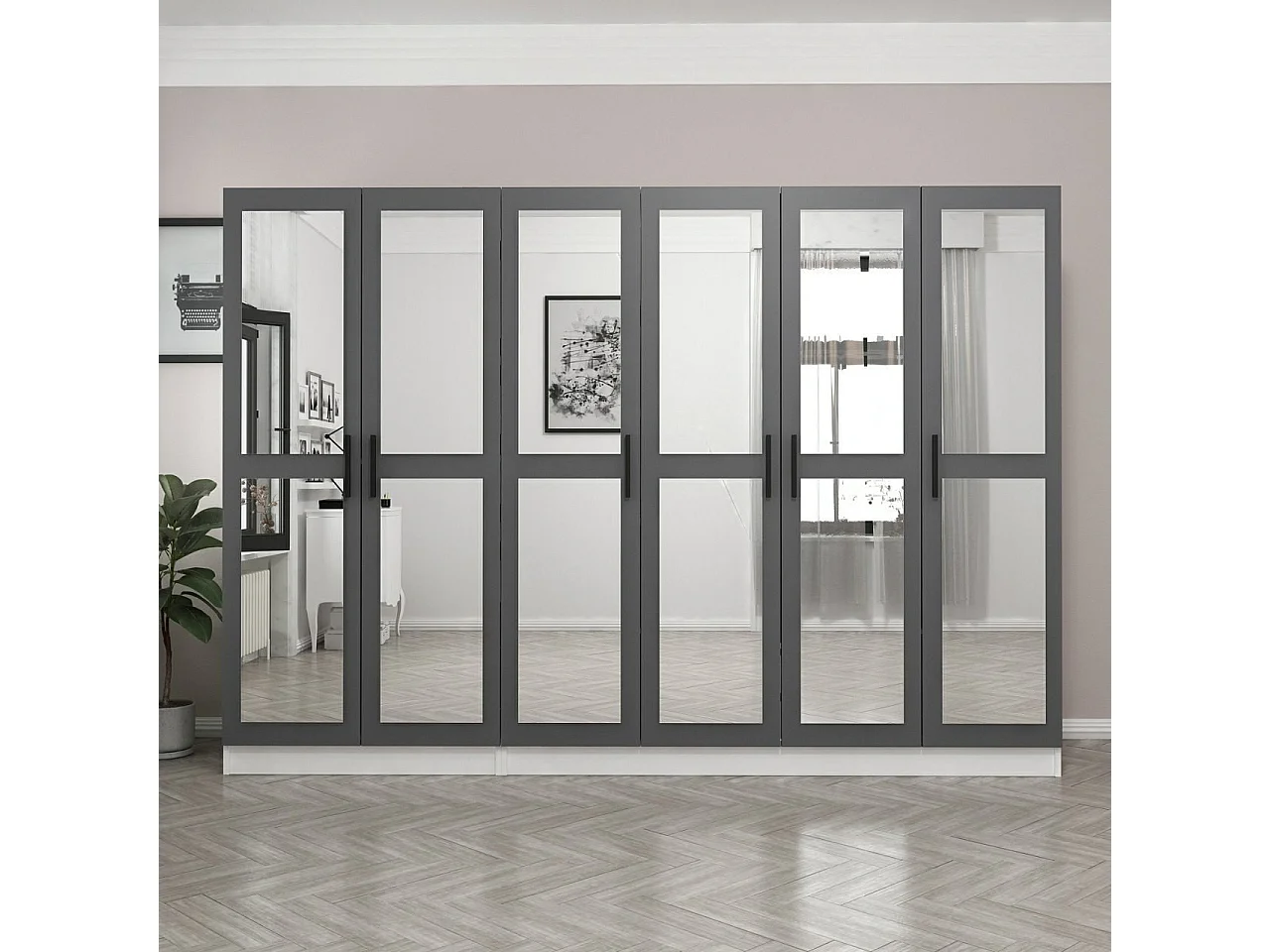 Armoire 6 portes et 12 miroirs Sanur L270xH190cm Anthracite et Blanc