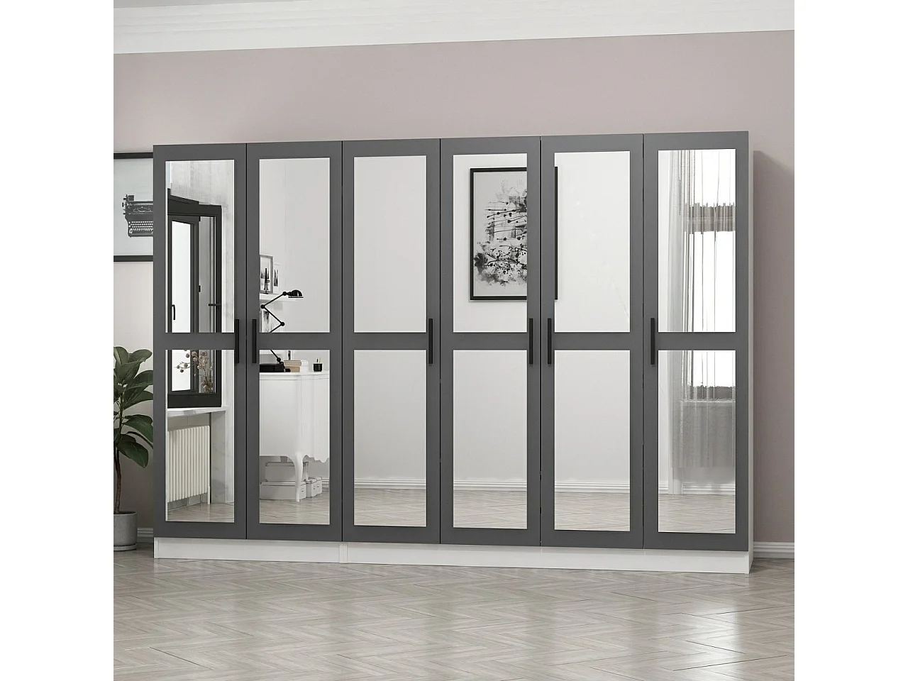 Armoire 6 portes et 12 miroirs Sanur L270xH190cm Anthracite et Blanc