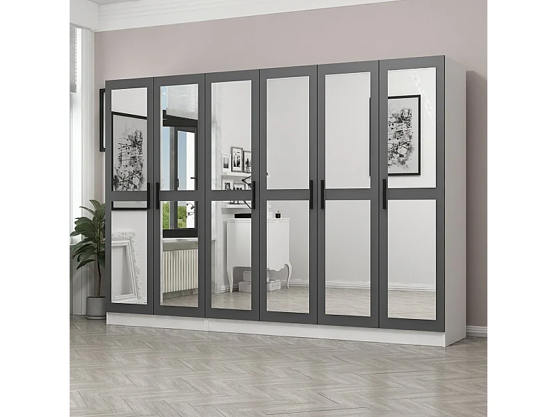 Armoire 6 portes et 12 miroirs Sanur L270xH190cm Anthracite et Blanc