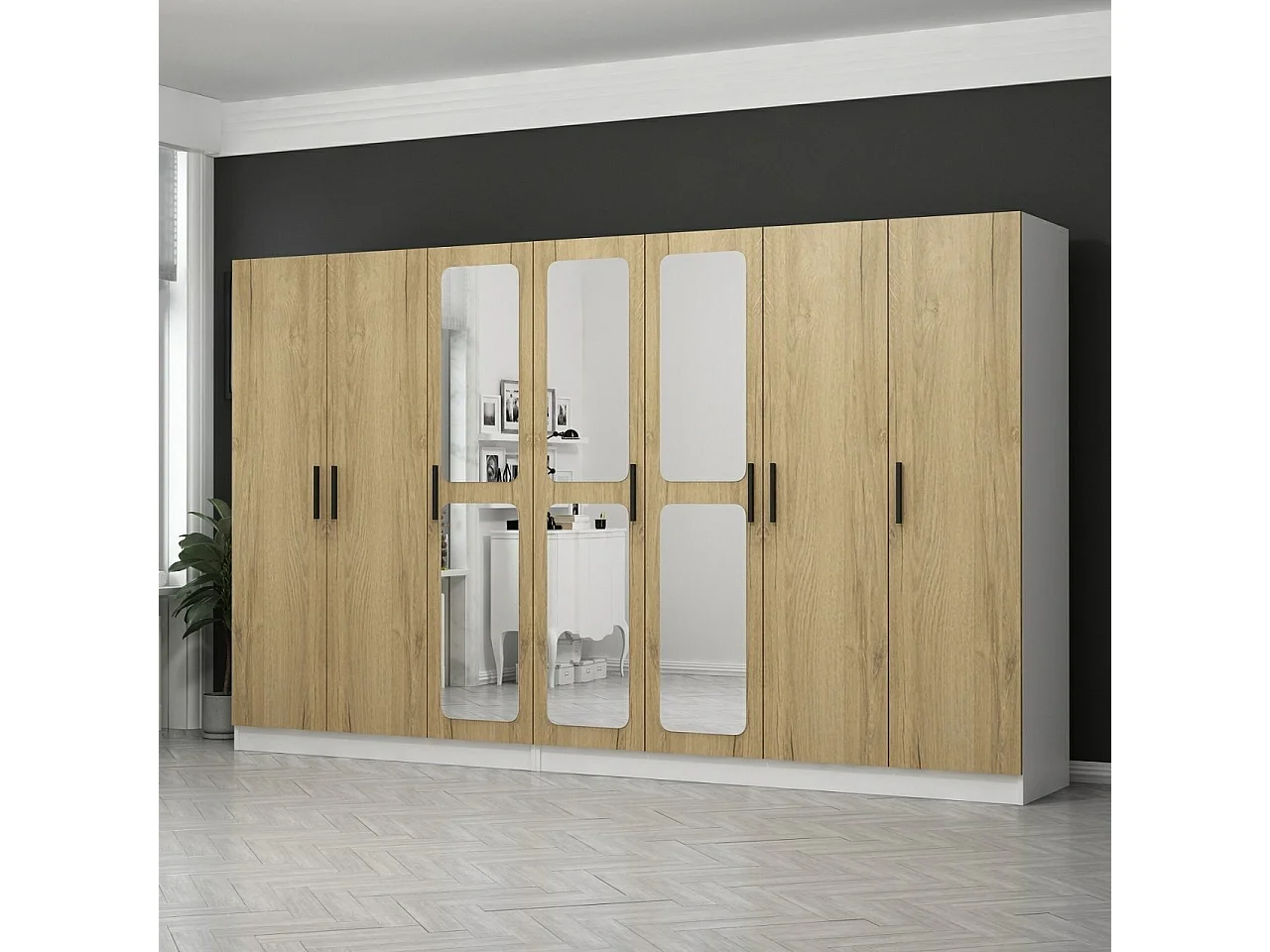 Guardaroba Kailua L268, Noce|Bianco, 210x315x52cm, Porte guardaroba: Con cerniere