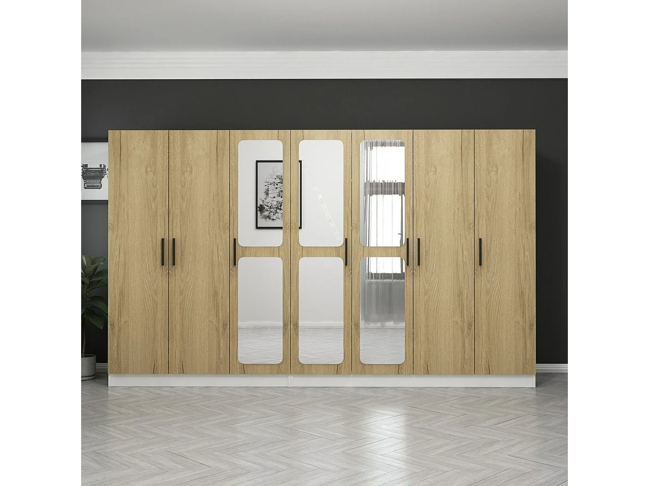 Guardaroba Kailua L268, Noce|Bianco, 210x315x52cm, Porte guardaroba: Con cerniere