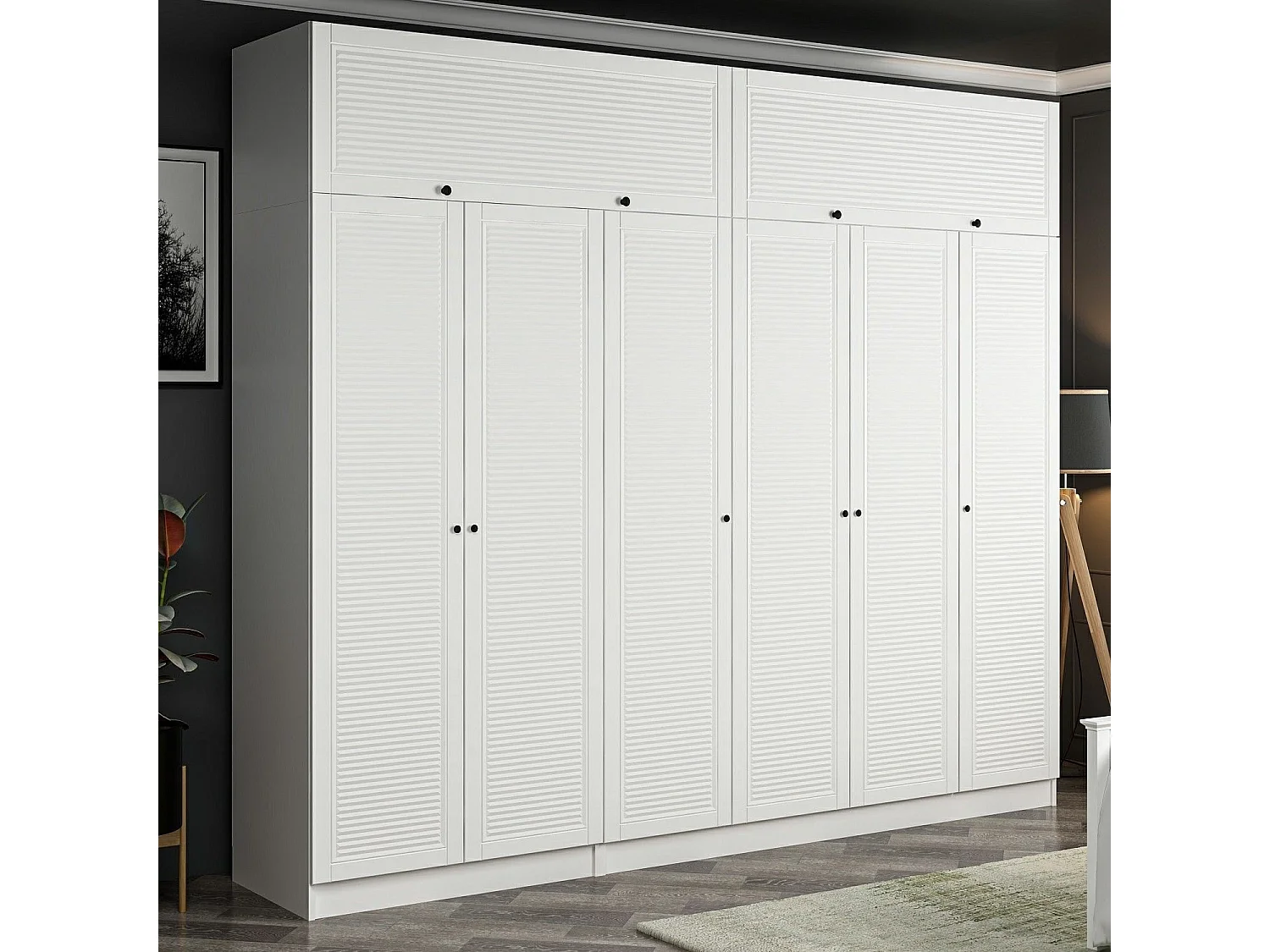 Armoire haute 6 portes battantes et 2 portes basculantes Kuta L270xH255cm Bois Blanc