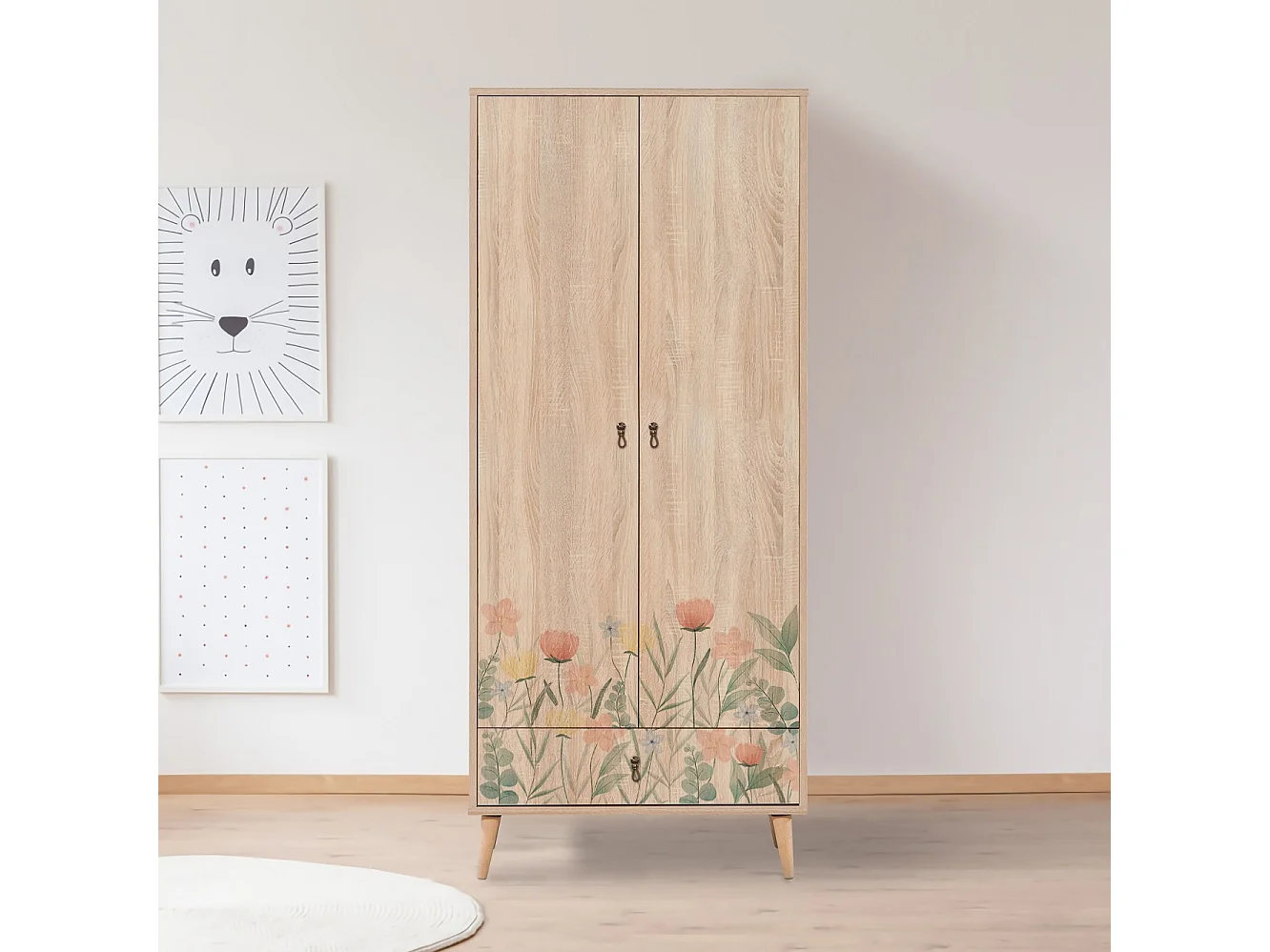 Armoire 2 portes et 1 tiroir Pertha L80cm Bois Motif Champs de fleur Vert, Rouge et Jaune