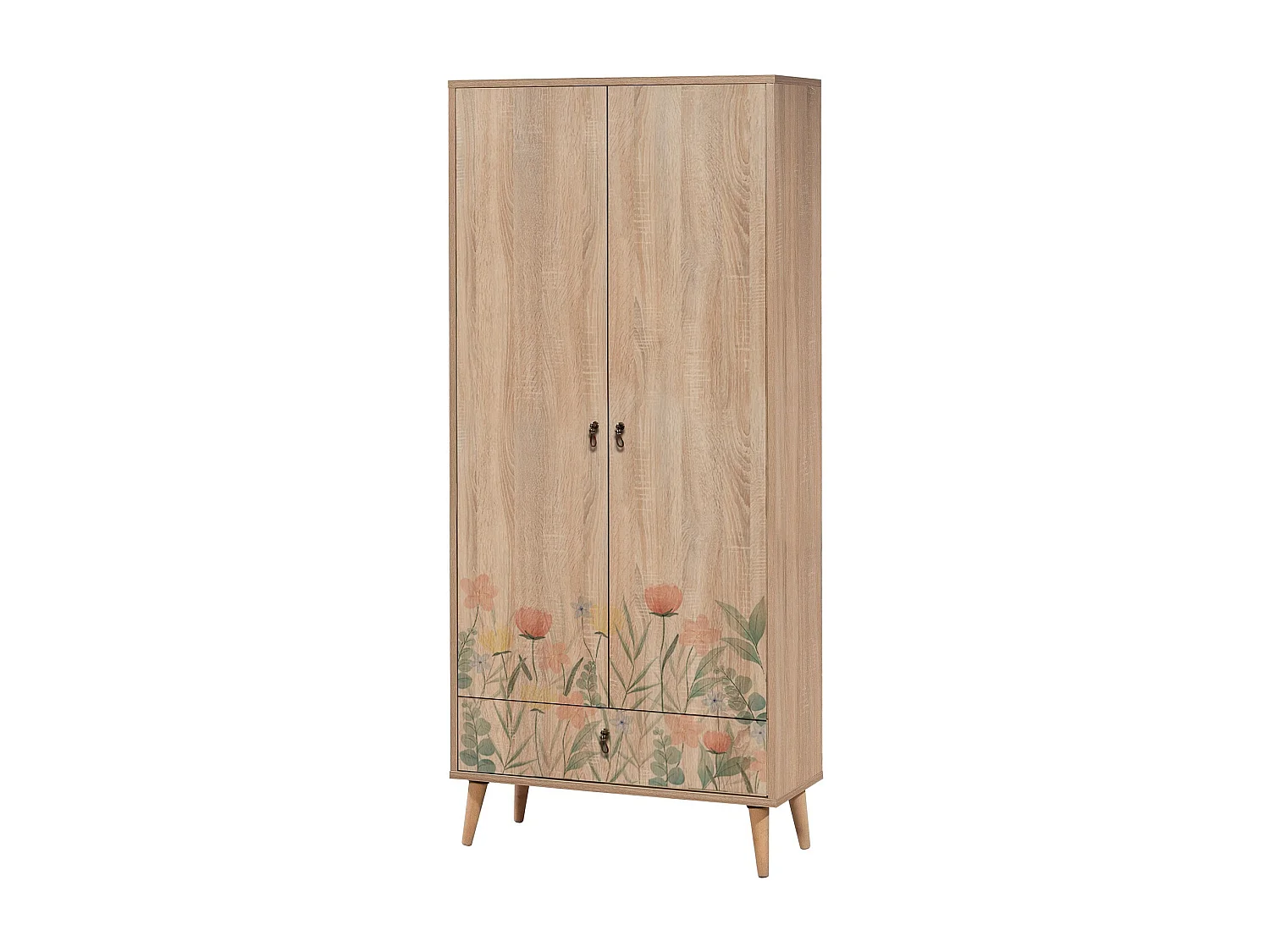 Armoire 2 portes et 1 tiroir Pertha L80cm Bois Motif Champs de fleur Vert, Rouge et Jaune