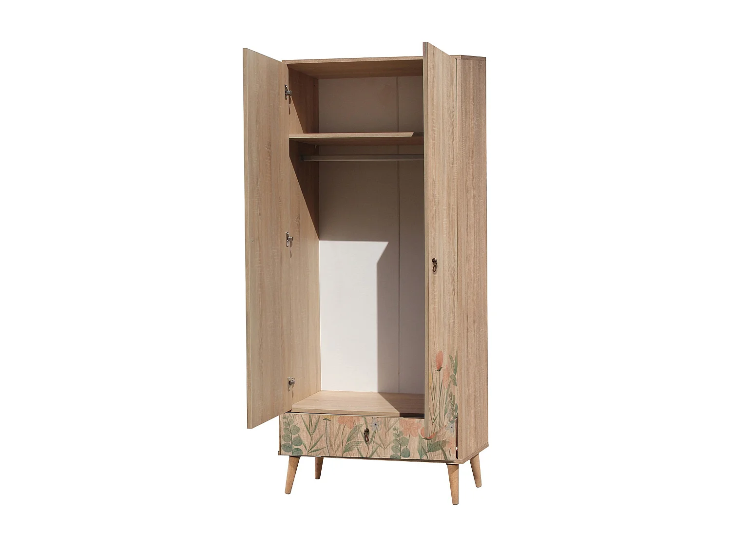 Armoire 2 portes et 1 tiroir Pertha L80cm Bois Motif Champs de fleur Vert, Rouge et Jaune