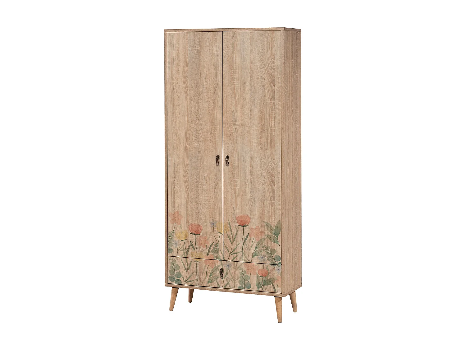 Armoire 2 portes et 1 tiroir Pertha L80cm Bois Motif Champs de fleur Vert, Rouge et Jaune