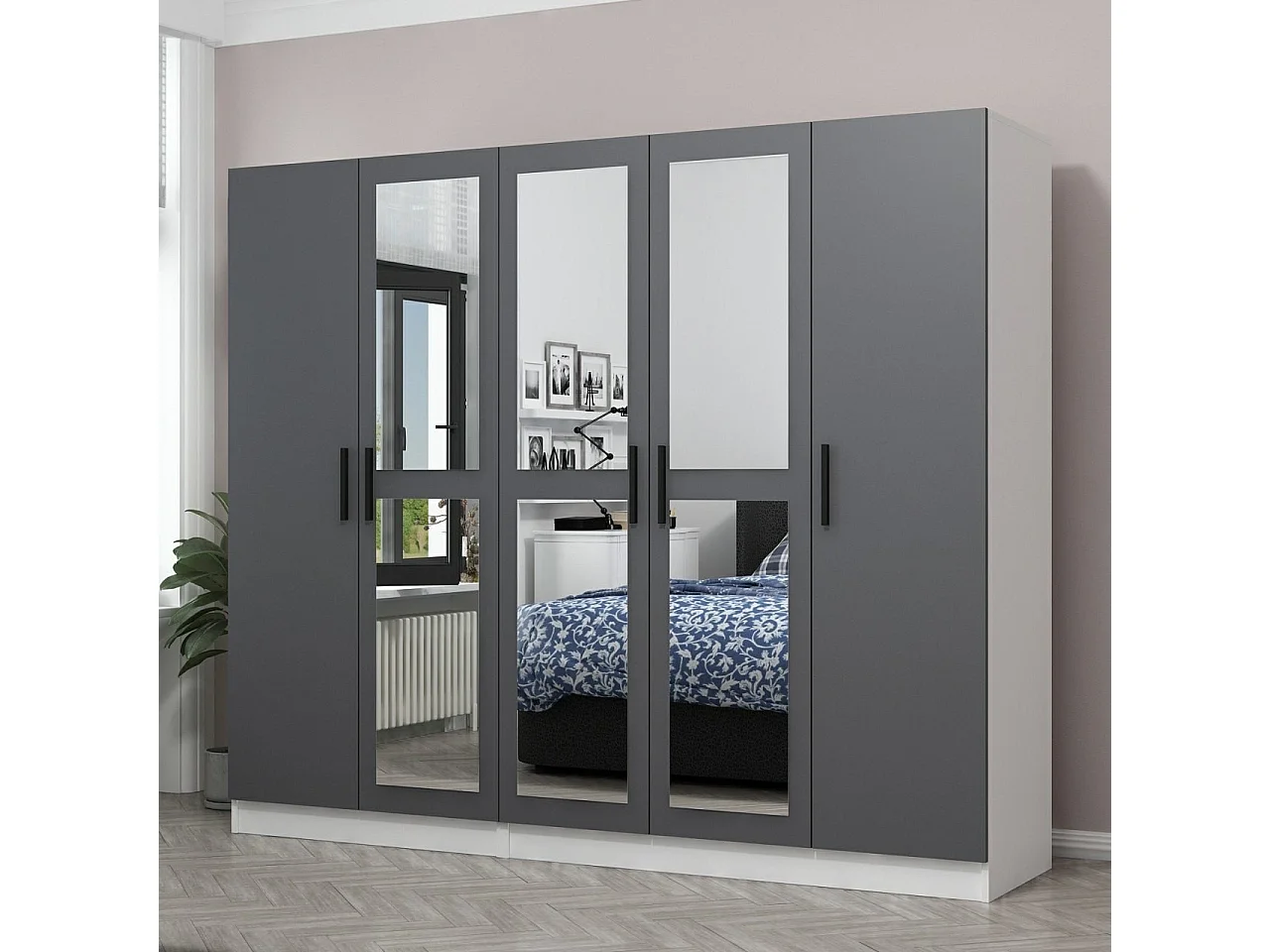 Armoires 5 portes et 6 miroirs Sanur L225xH210cm Anthracite et Blanc
