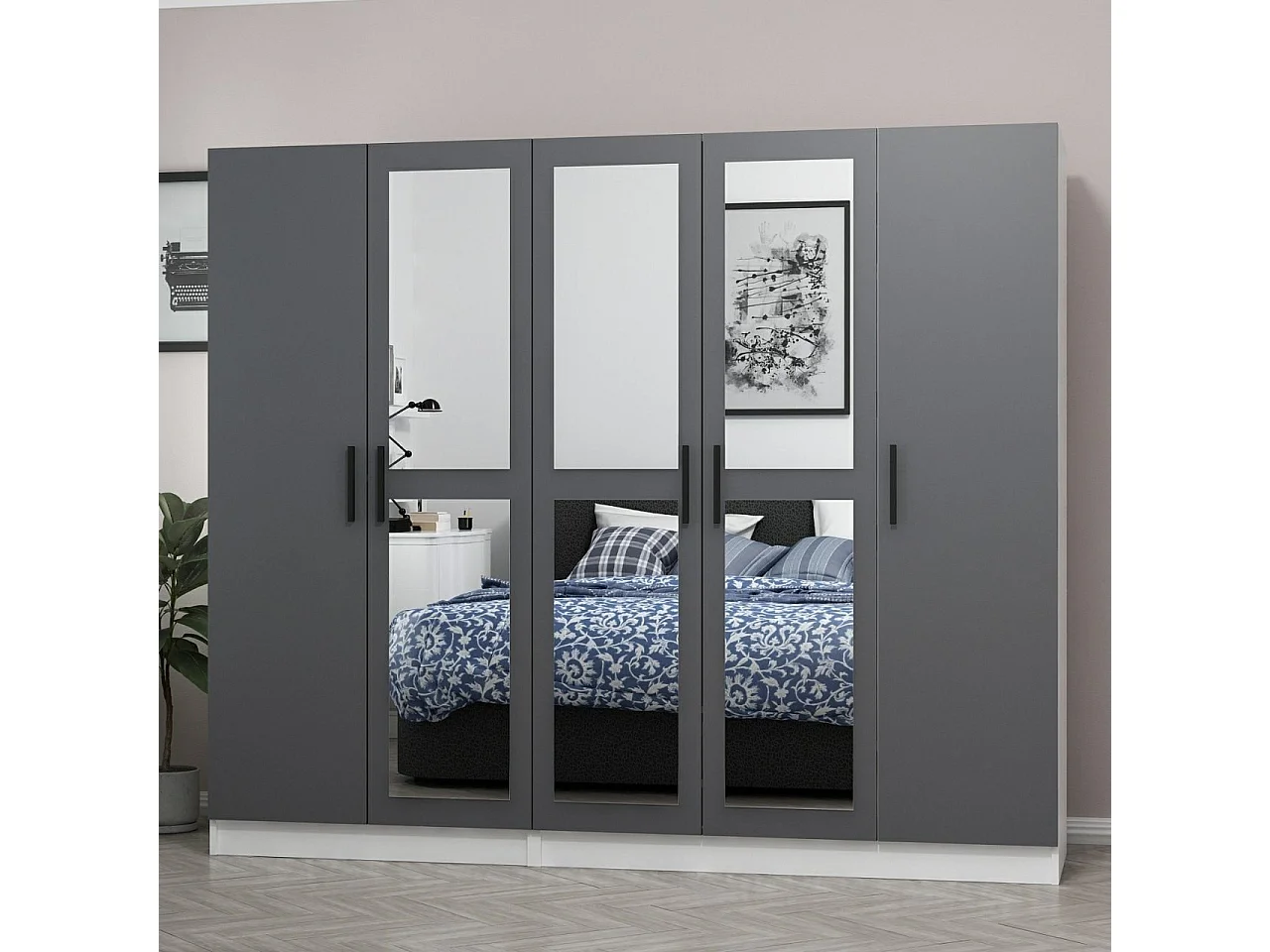 Armoires 5 portes et 6 miroirs Sanur L225xH210cm Anthracite et Blanc