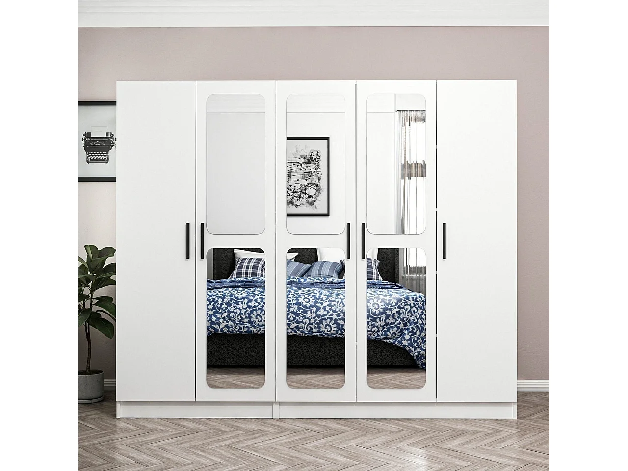 Armoire 5 portes et 6 miroirs Bangka L225xH190cm Blanc