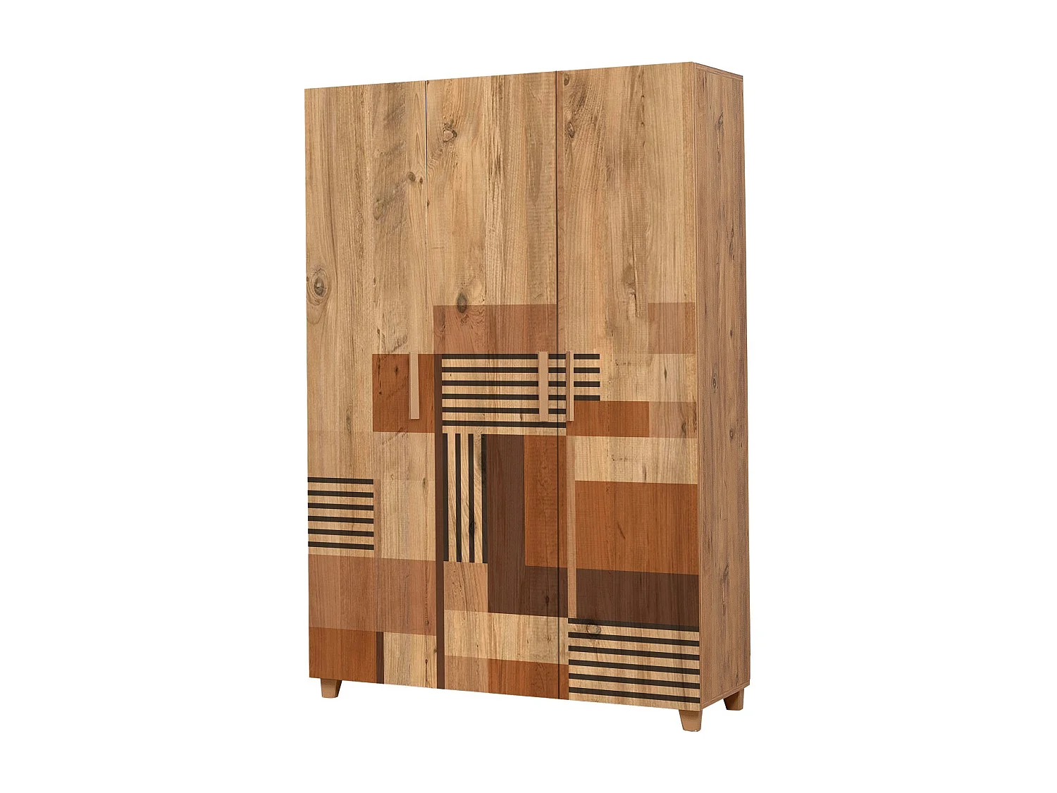 Armoire 3 portes Perth L120cm Bois clair Motif Géométrique nuance de Marron