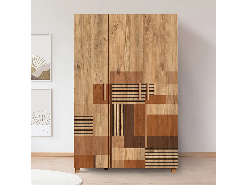 Armoire 3 portes Perth L120cm Bois clair Motif Géométrique nuance de Marron
