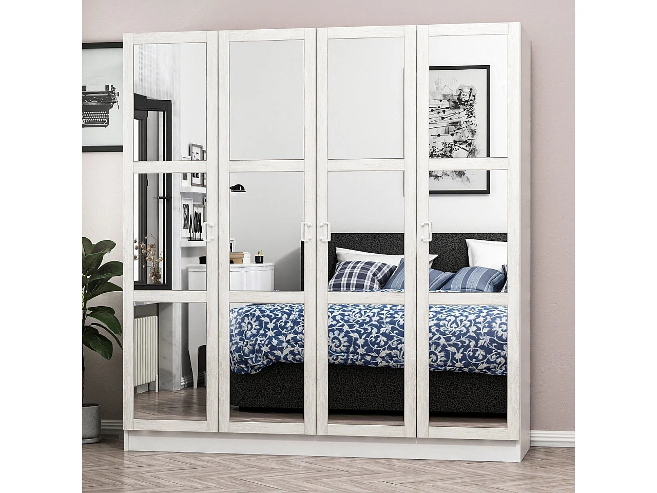 Armoire 4 portes et 12 miroirs Parai L180xH210cm Blanc