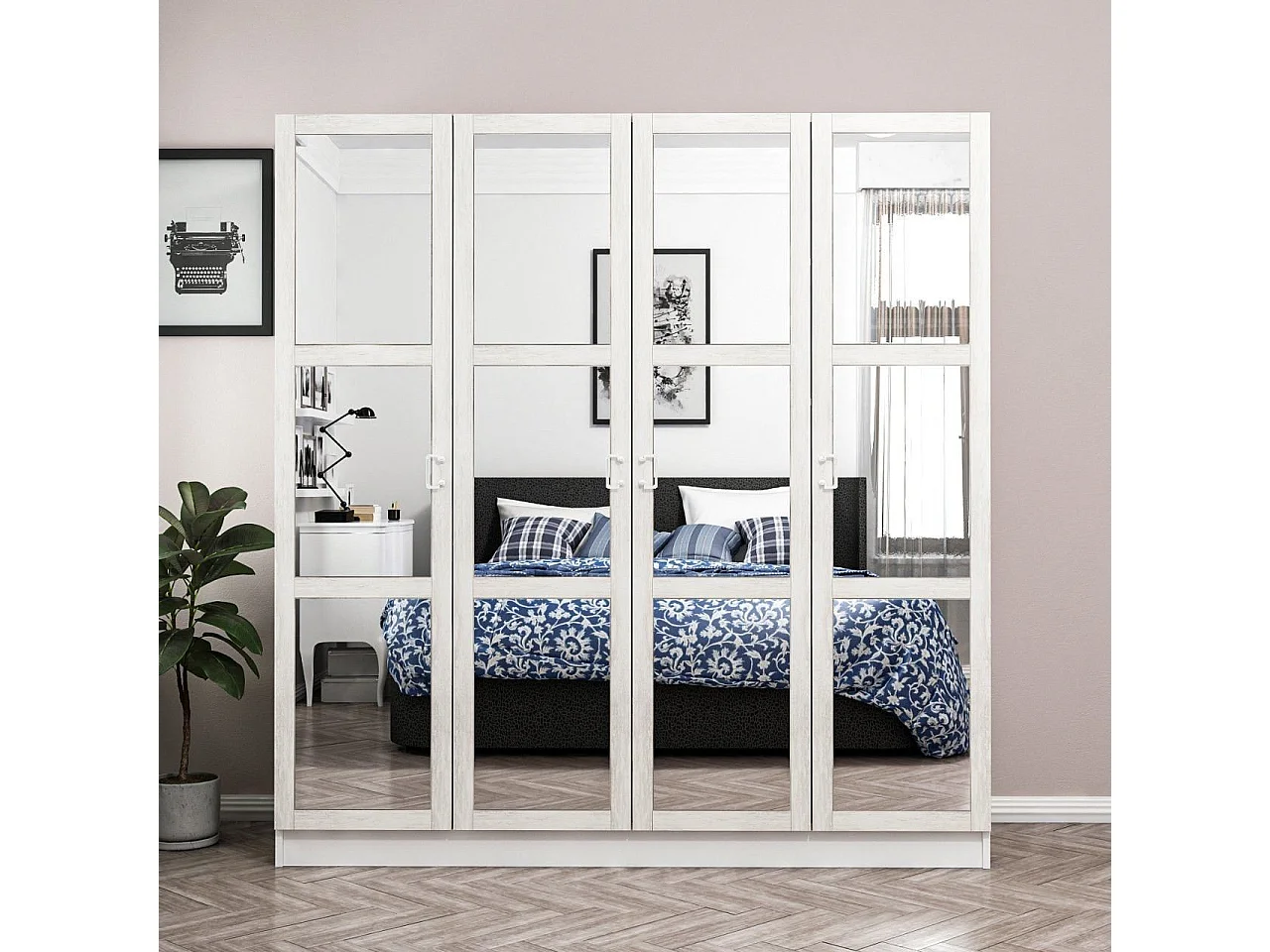 Armoire 4 portes et 12 miroirs Parai L180xH210cm Blanc