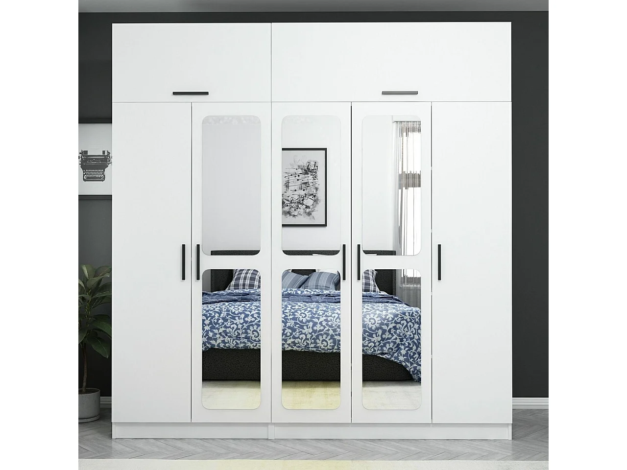 Armoire 7 portes et 6 miroirs Sanur L225xH235cm Blanc