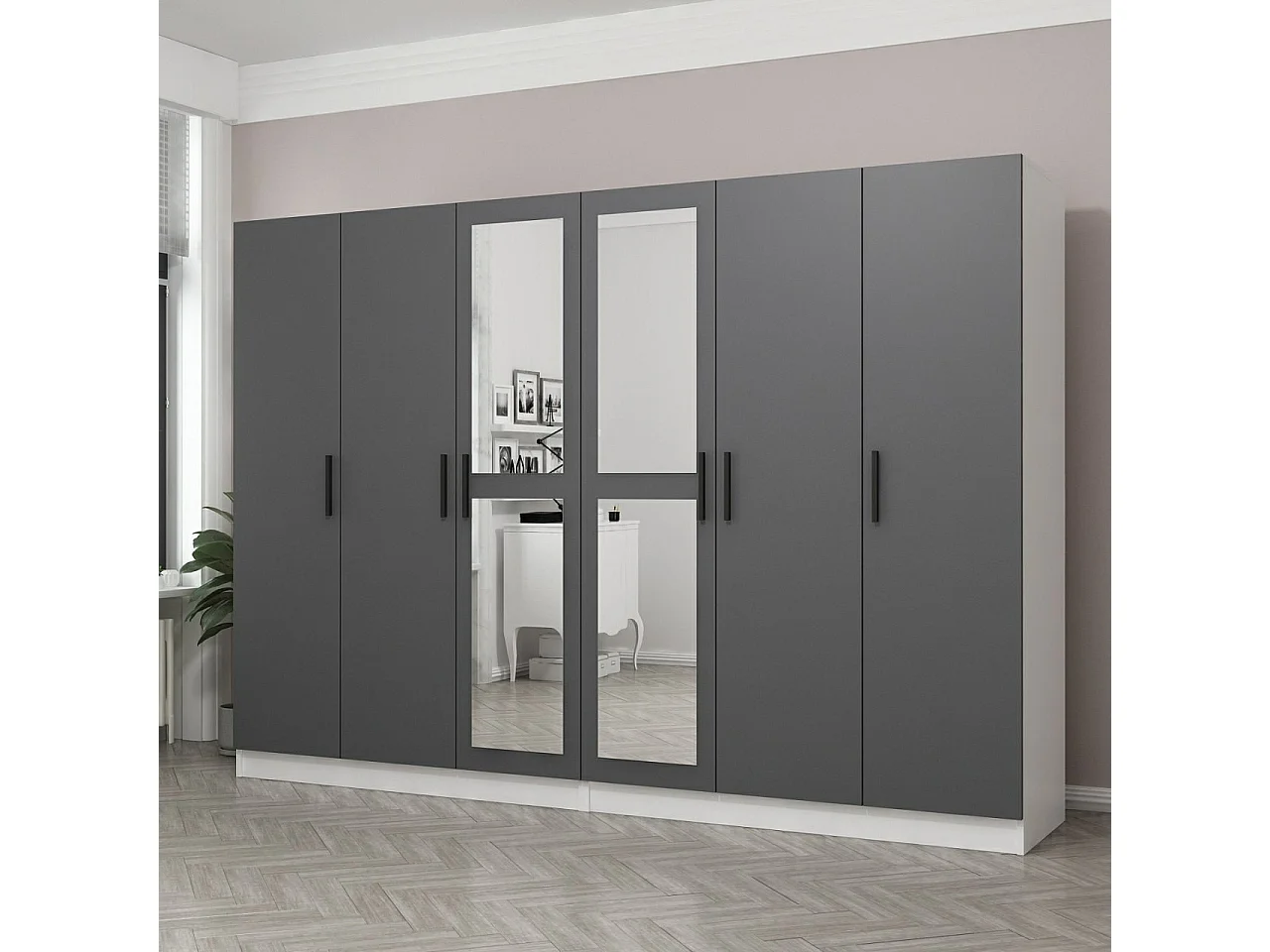 Armoires 6 portes et 4 miroirs Sanur L270xH190cm Anthracite et Blanc