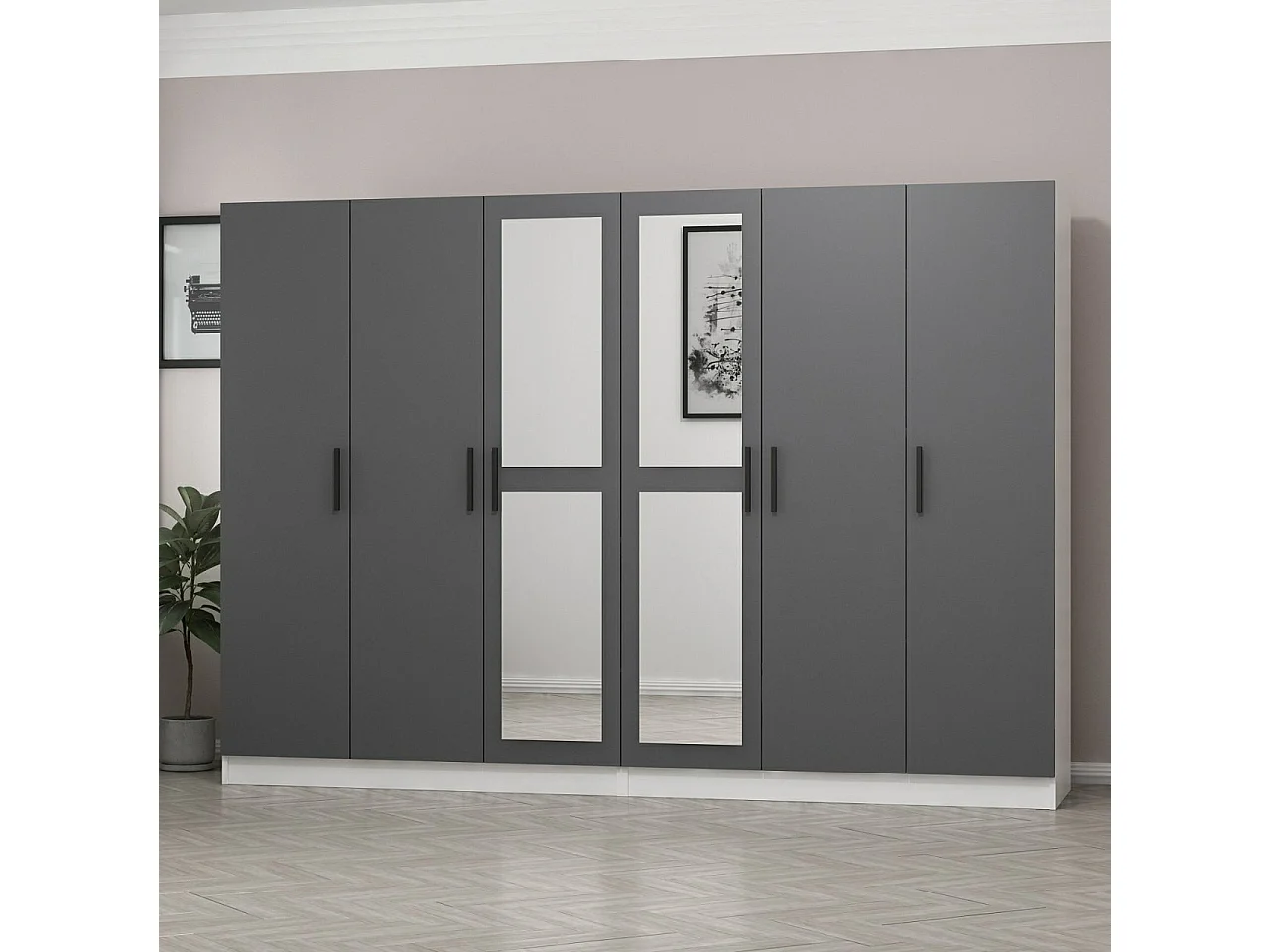 Armoires 6 portes et 4 miroirs Sanur L270xH190cm Anthracite et Blanc