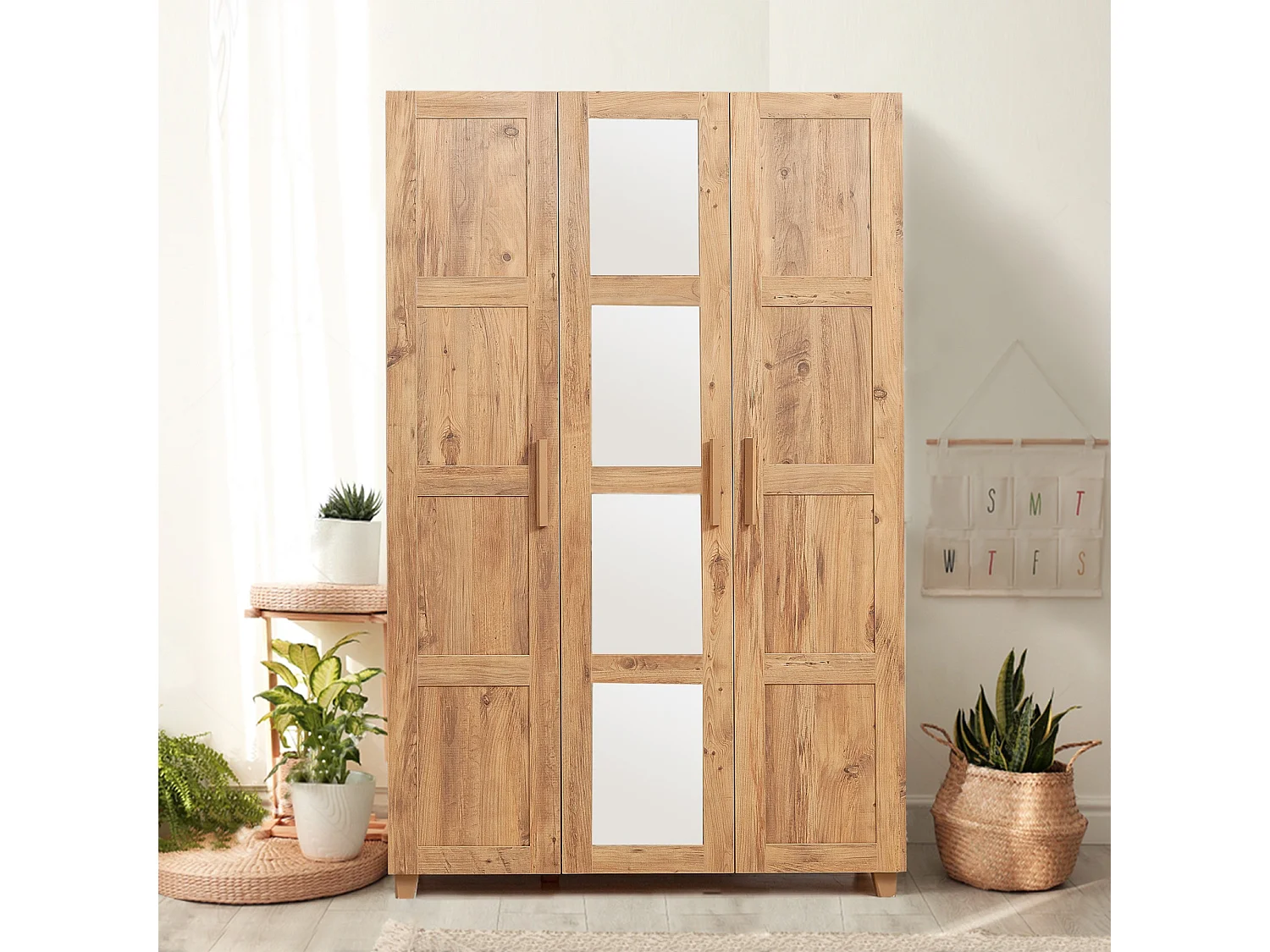 Armoire 3 portes avec miroirs Thoris L120cm Pin