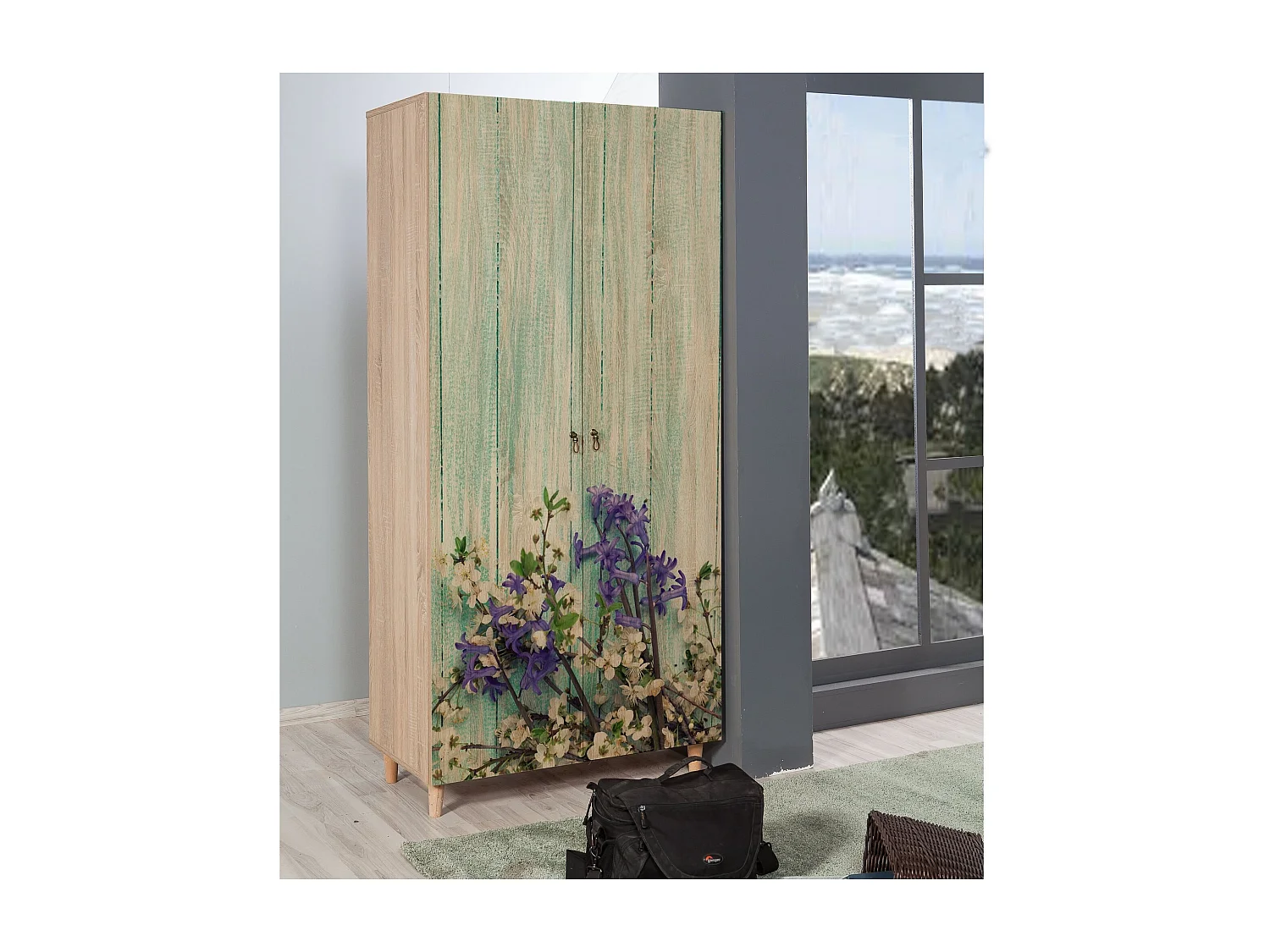 Armoire penderie 2 portes Infigo 90cm Bois Naturel Motif Fleurs Blanc et Violet