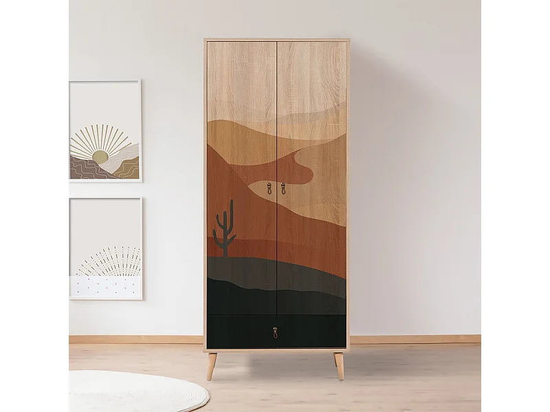 Armoire 2 portes et 1 tiroir Pertha L80cm Bois Motif Désert Noir, Gris et Marron