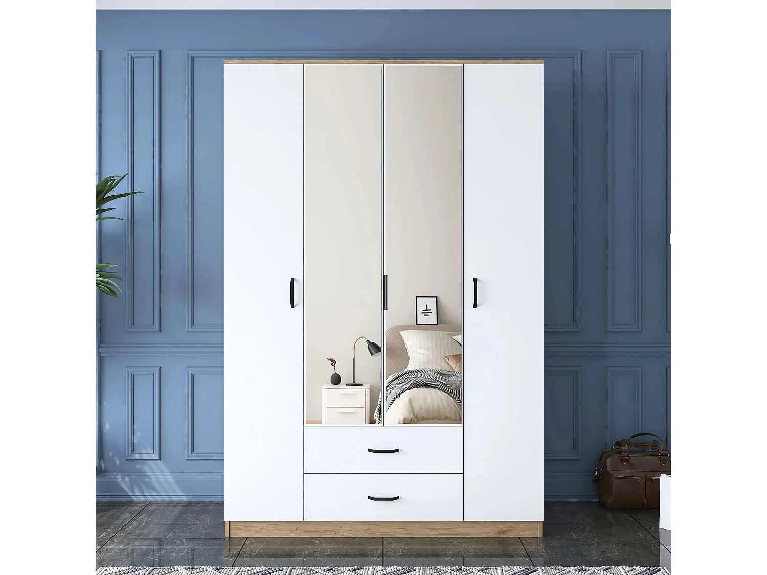 Roupeiro Freya com Espelho - 4 Portas e 2 Gavetas em Nogueira e Branco, 210x210x51.5cm