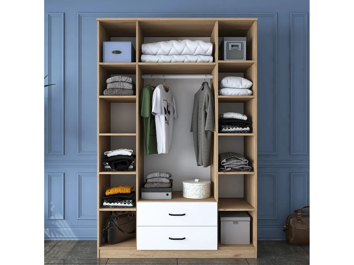 Roupeiro Freya com Espelho - 4 Portas e 2 Gavetas em Nogueira e Branco, 210x210x51.5cm