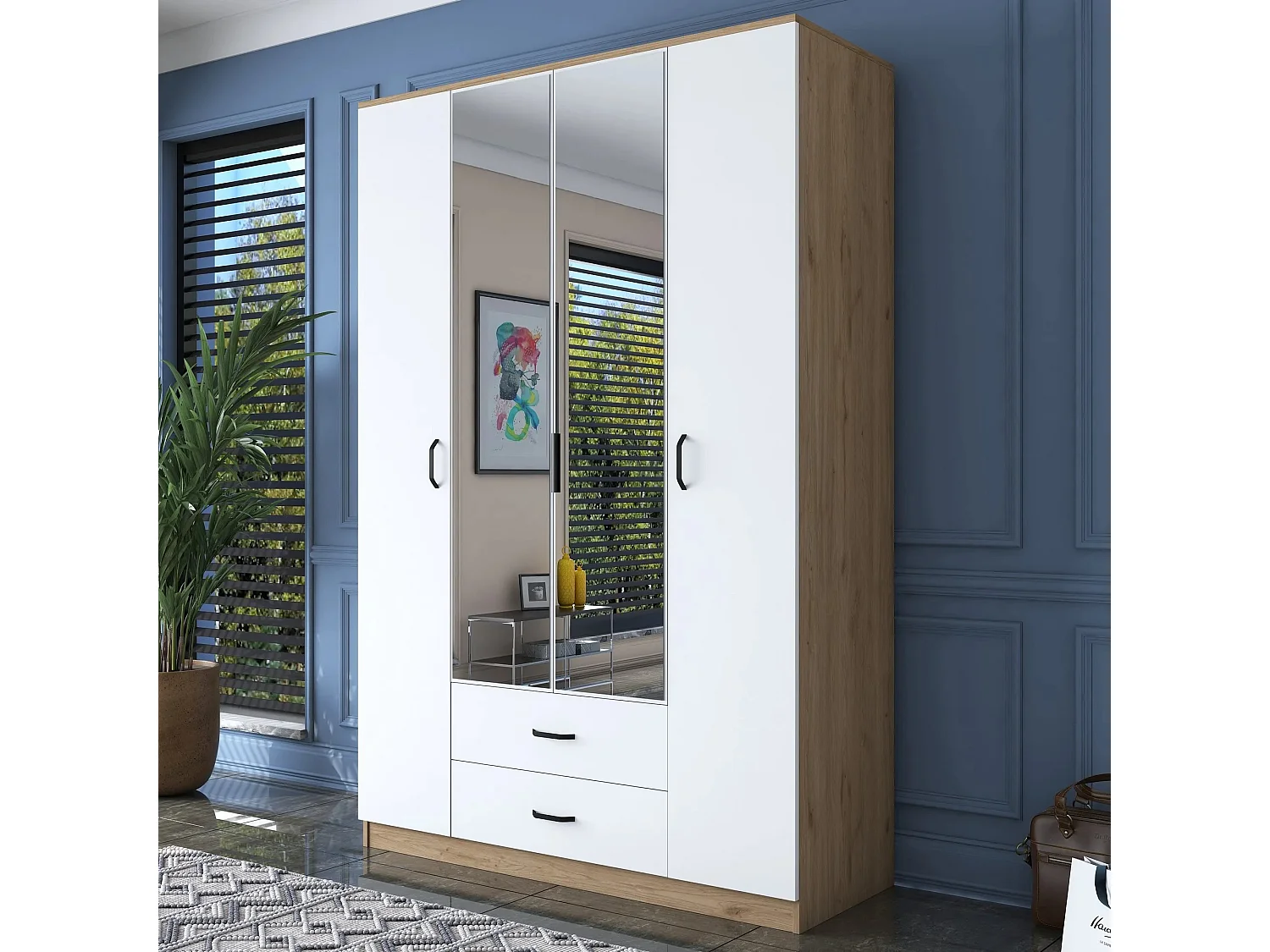 Roupeiro Freya com Espelho - 4 Portas e 2 Gavetas em Nogueira e Branco, 210x210x51.5cm