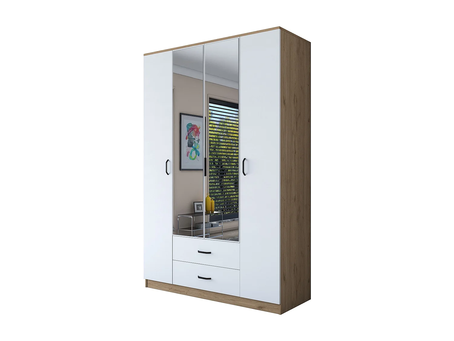 Roupeiro Freya com Espelho - 4 Portas e 2 Gavetas em Nogueira e Branco, 210x210x51.5cm