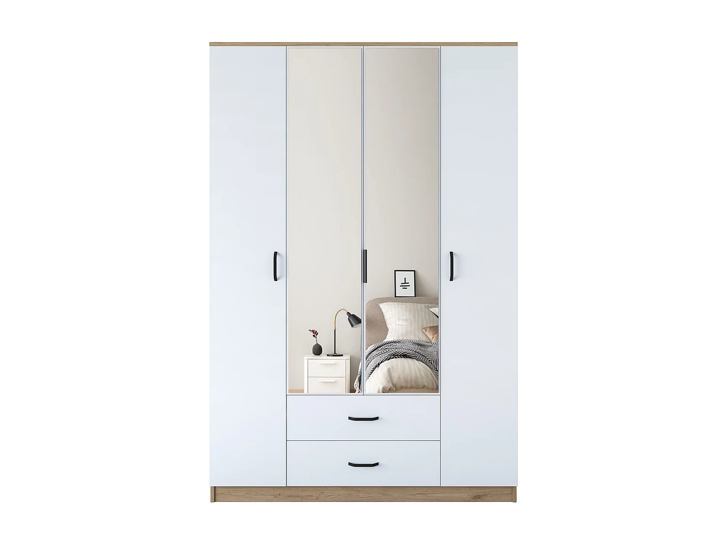 Roupeiro Freya com Espelho - 4 Portas e 2 Gavetas em Nogueira e Branco, 210x210x51.5cm