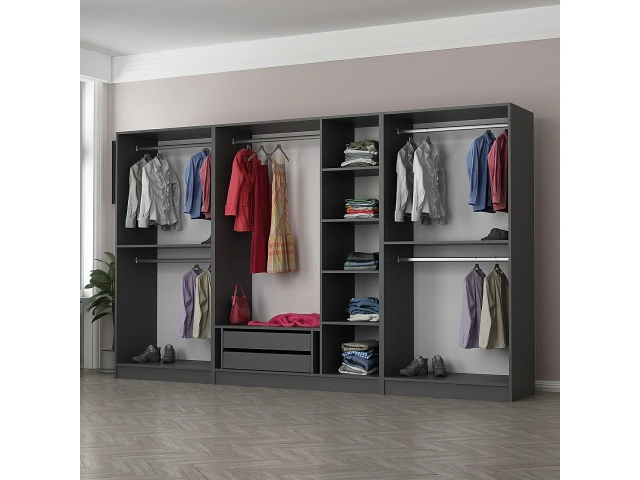 Armoire ouverte Antipax L315xH190cm 5 tringles et 2 tiroirs Anthracite