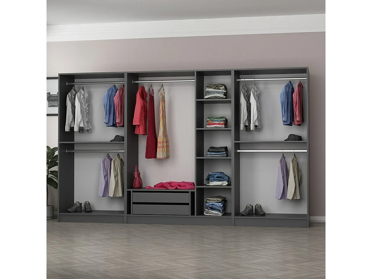 Armoire ouverte Antipax L315xH190cm 5 tringles et 2 tiroirs Anthracite