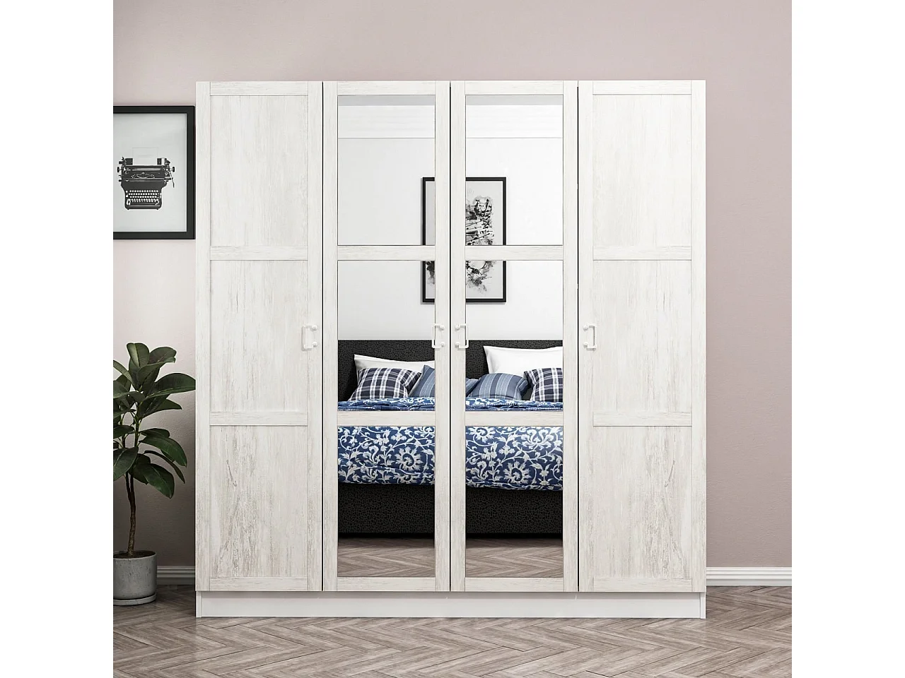 Armoire 4 portes et 6 miroirs Parai L180xH210cm Blanc