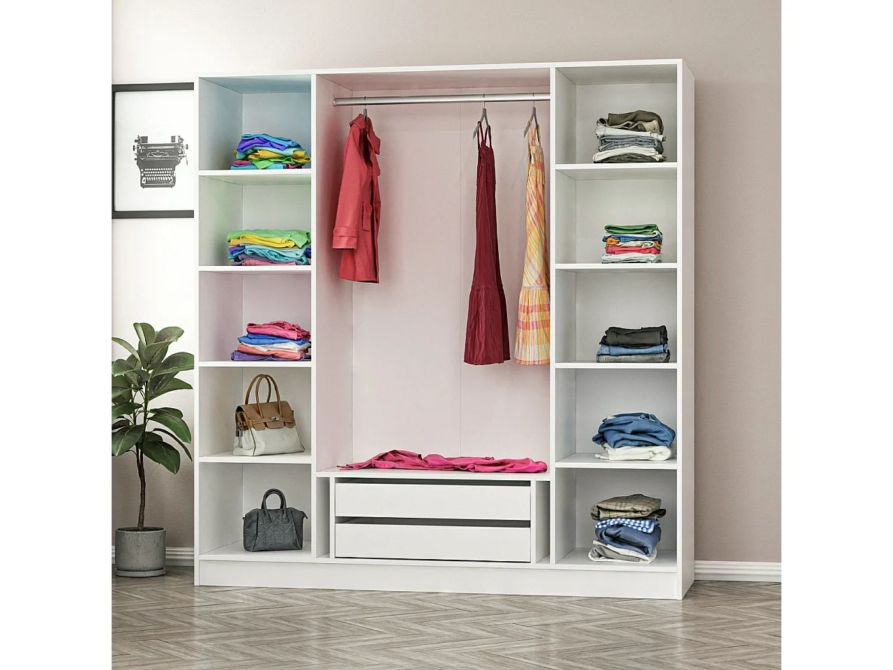 Armoire 7 portes et 6 miroirs Bangka L180xH210cm Bois clair et Blanc