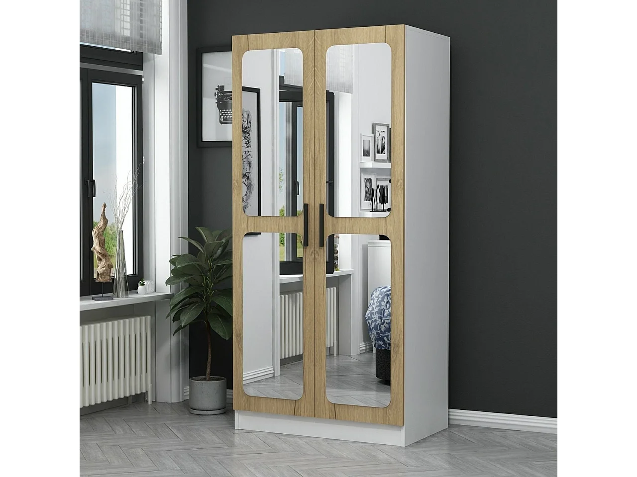 Armoires 2 portes et 4 miroirs Bangko L90xH190cm Bois clair et Blanc