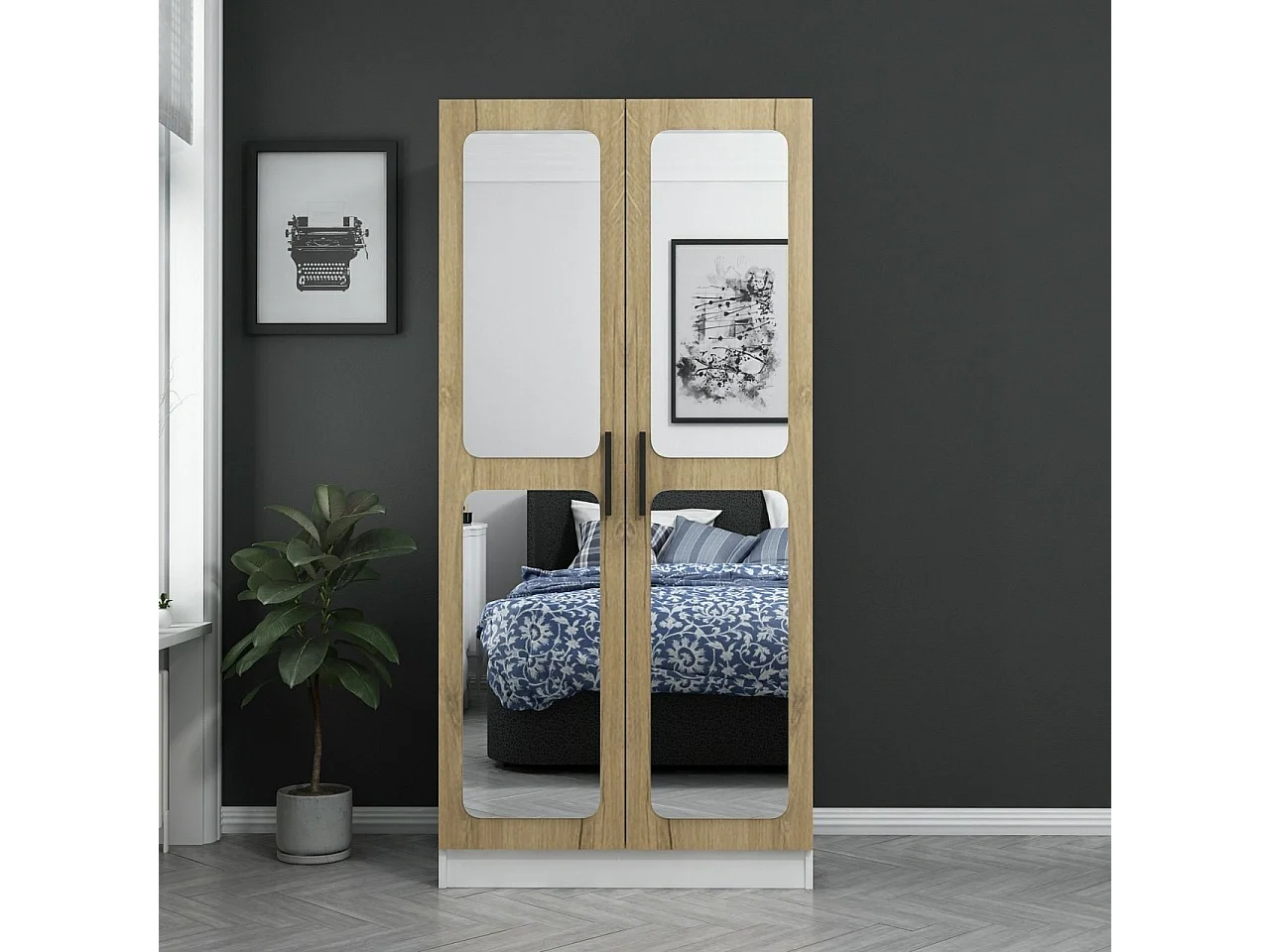 Armoires 2 portes et 4 miroirs Bangko L90xH190cm Bois clair et Blanc