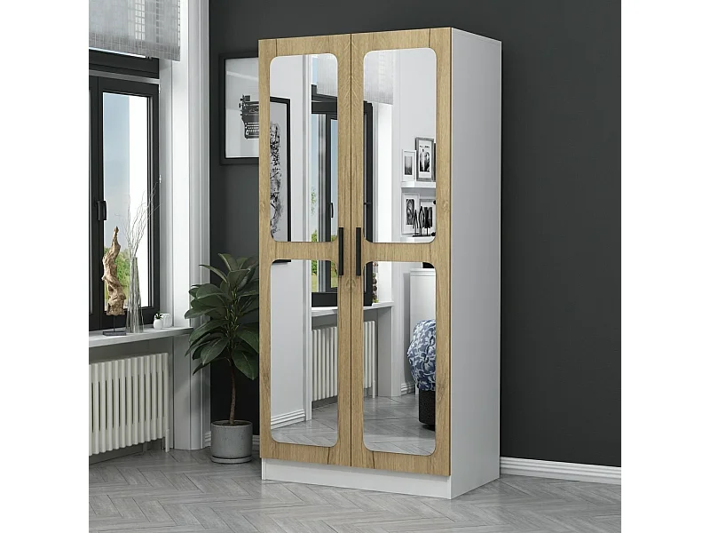 Armoires 2 portes et 4 miroirs Bangko L90xH190cm Bois clair et Blanc