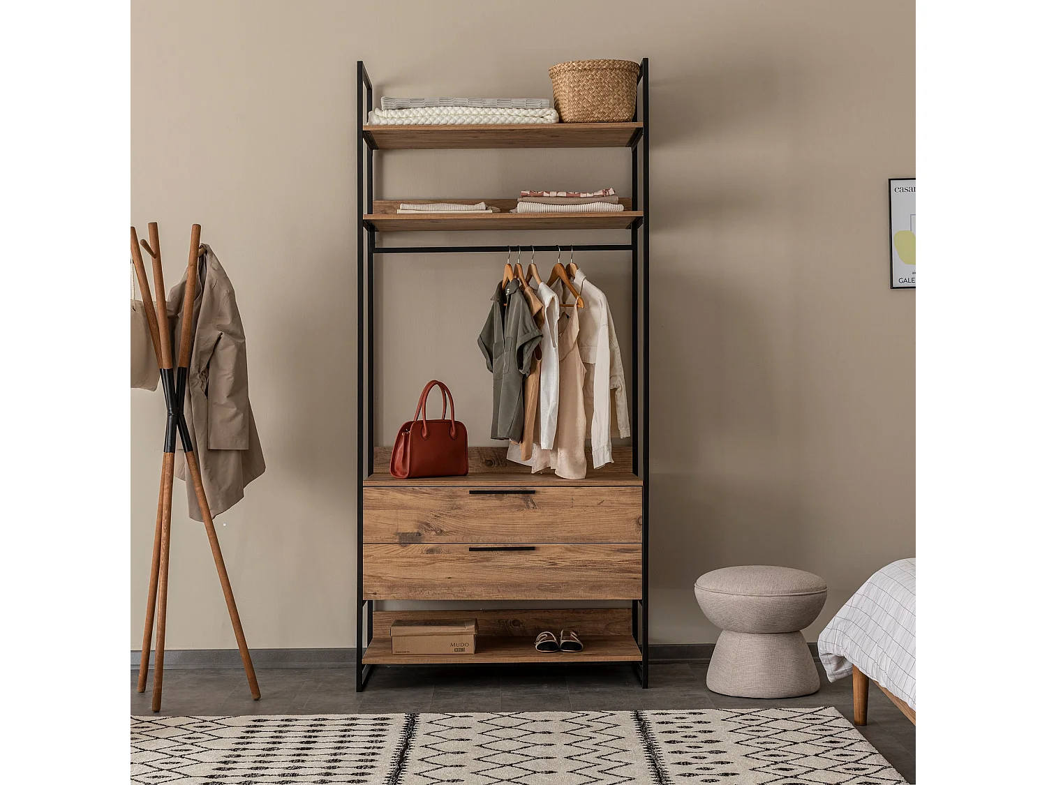 Armoire ouverte style industriel 2 tiroirs et 1 tringle Fodienda L104cm Métal Noir et Bois Pin foncé