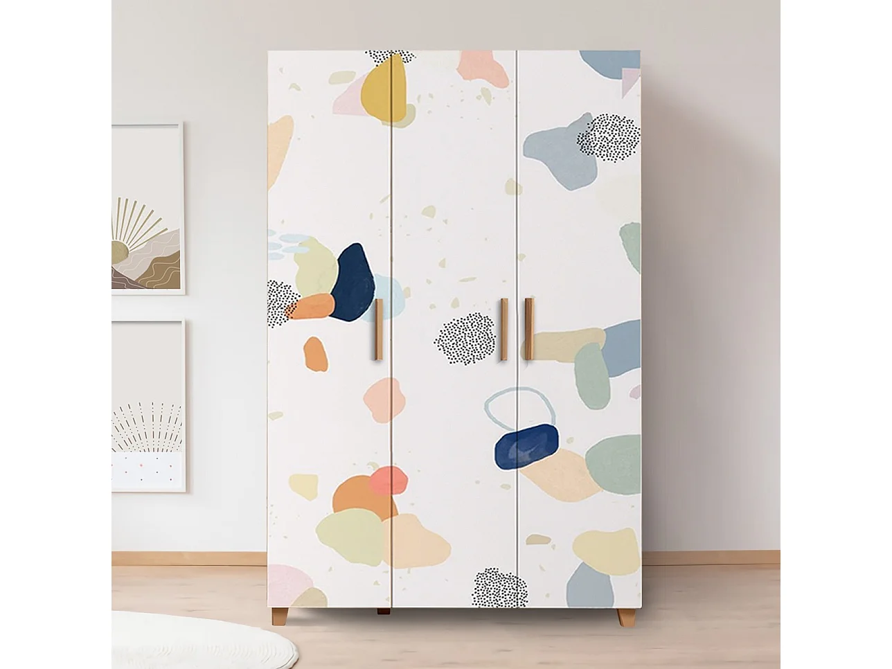 Armoire 3 portes Perth L120cm Bois Blanc Motif Abstrait Orange, Bleu et Gris